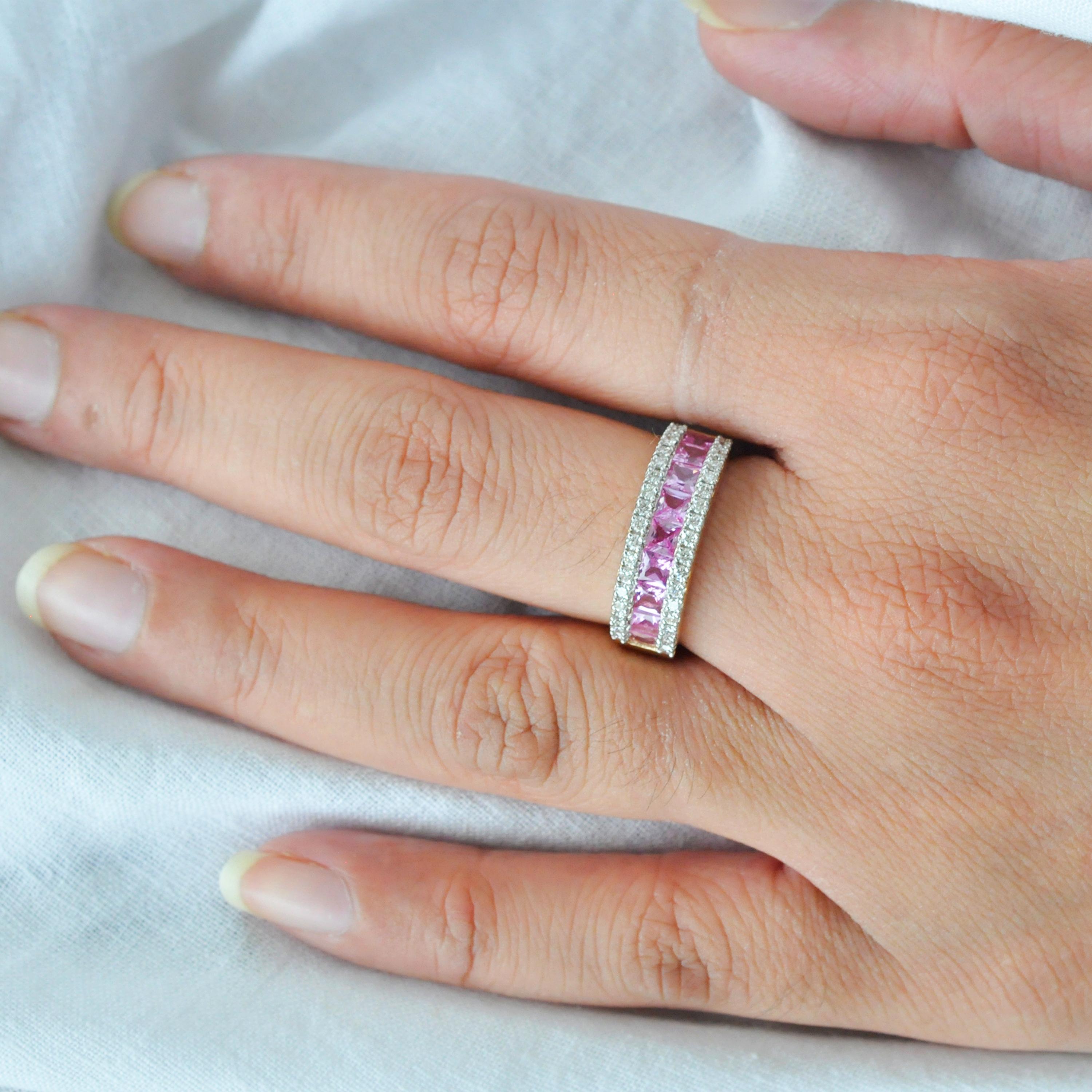 Art Deco 18 Karat Gold Channel Set Princess Cut Pink Sapphire Diamond Linear Band Ring For Sale
