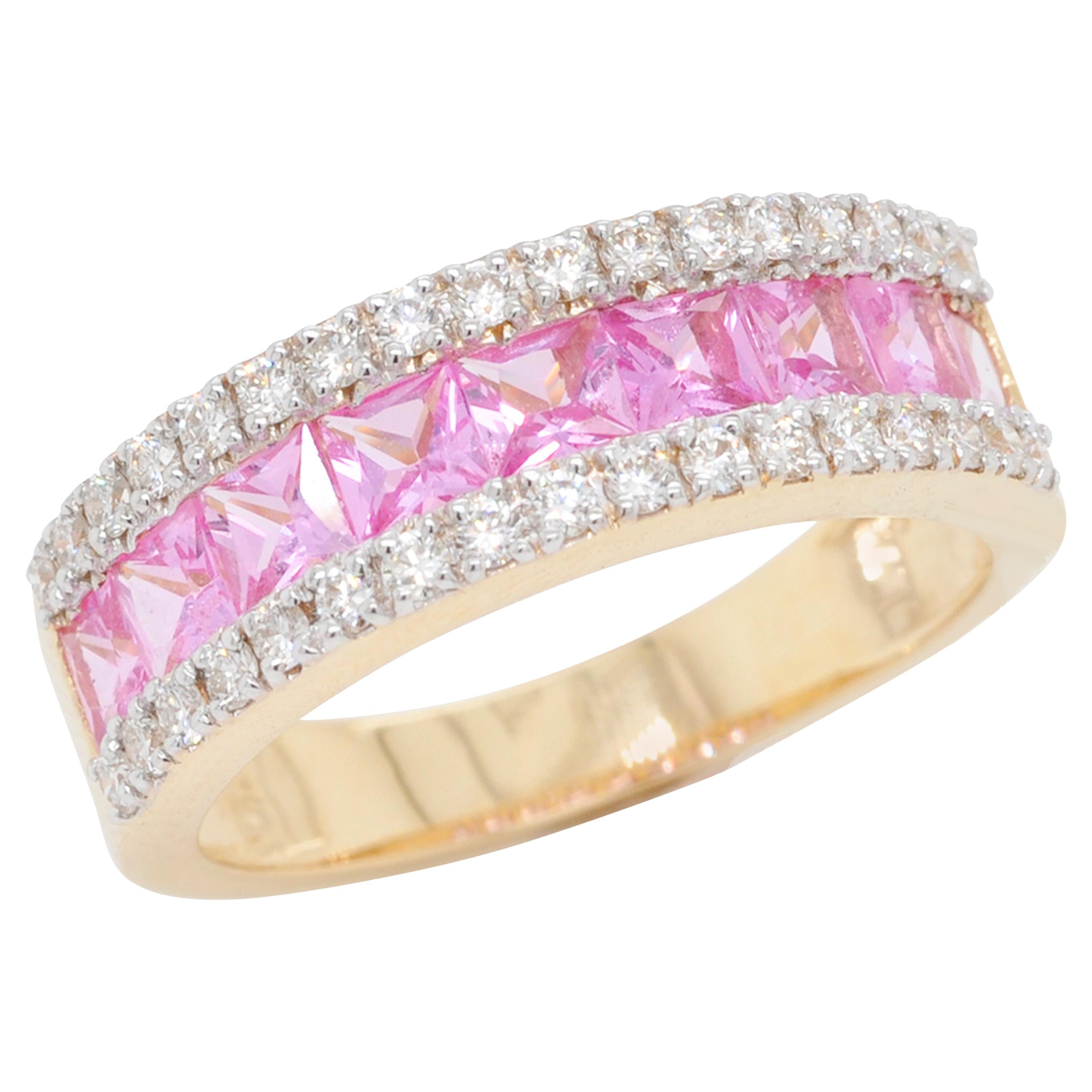 18 Karat Gold Channel Set Princess Cut Pink Sapphire Diamond Linear Band Ring For Sale