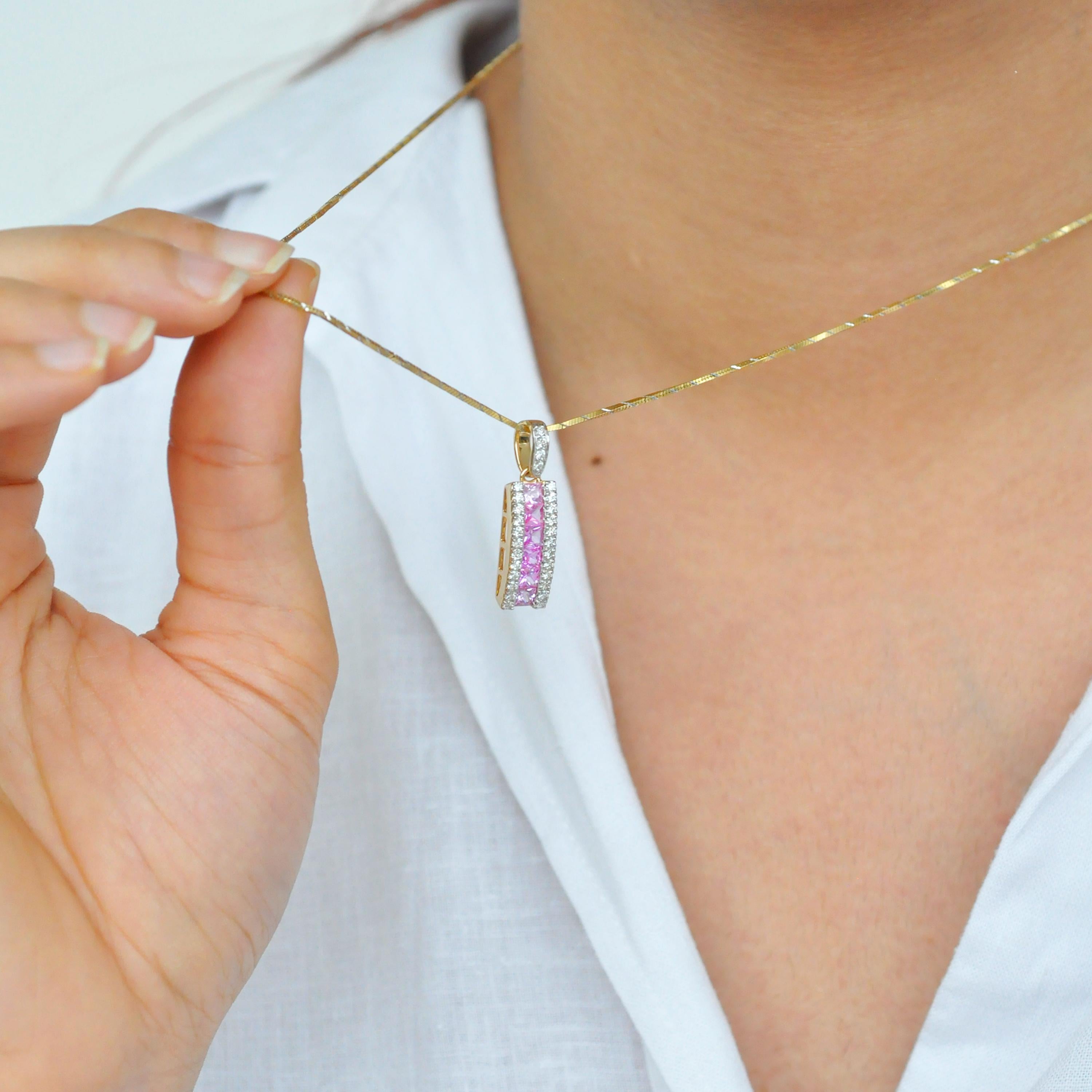 18 Karat Gold Channel Set Princess Cut Pink Sapphire Diamond Linear Pendant For Sale 5