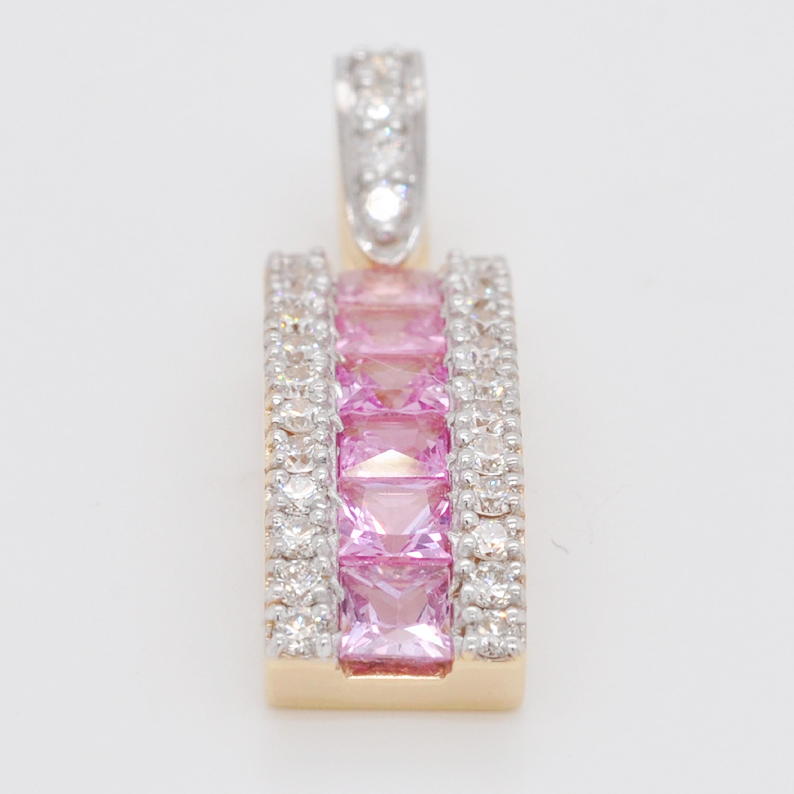Women's 18 Karat Gold Channel Set Princess Cut Pink Sapphire Diamond Linear Pendant For Sale