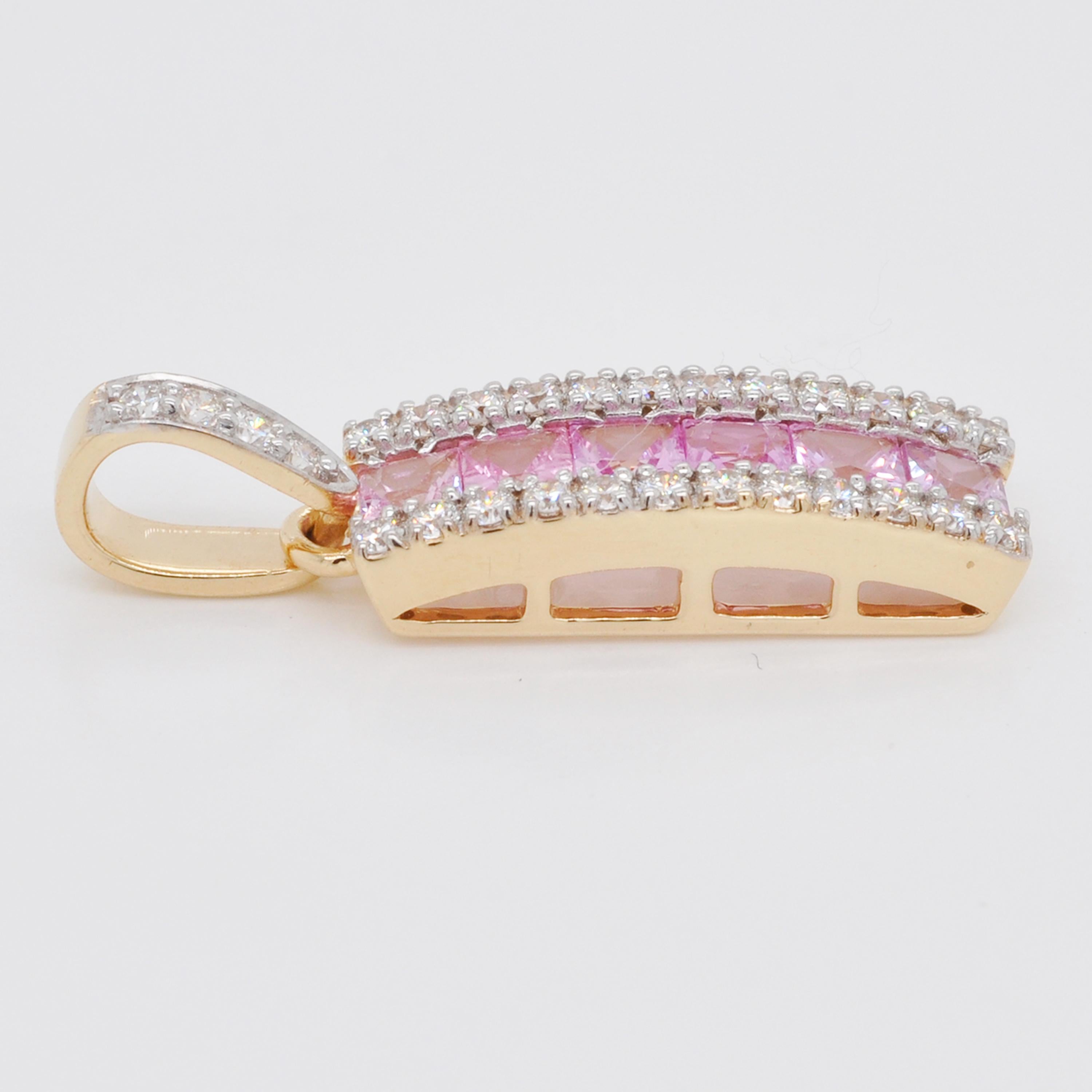 18 Karat Gold Channel Set Princess Cut Pink Sapphire Diamond Linear Pendant For Sale 1