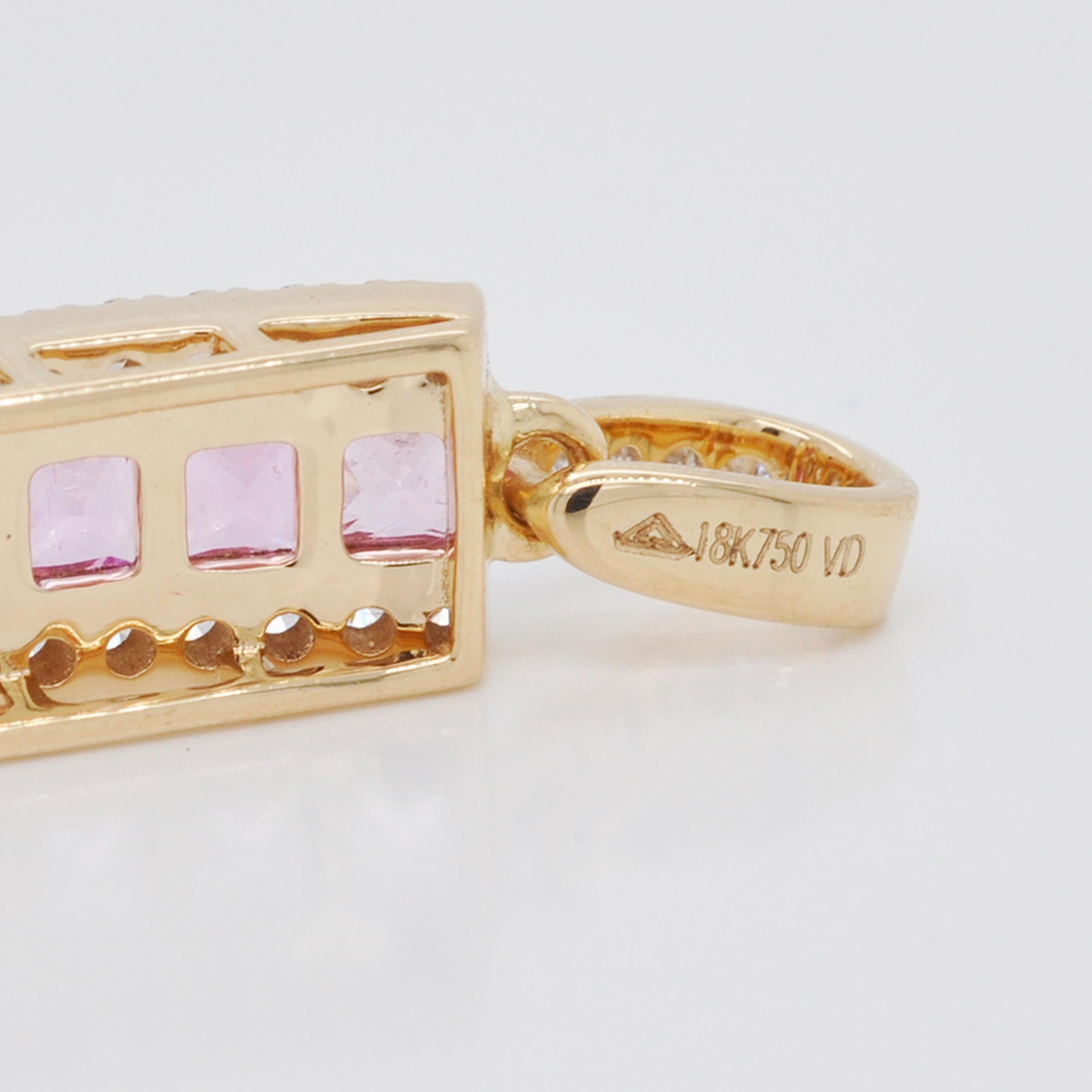 18 Karat Gold Channel Set Princess Cut Pink Sapphire Diamond Linear Pendant For Sale 3