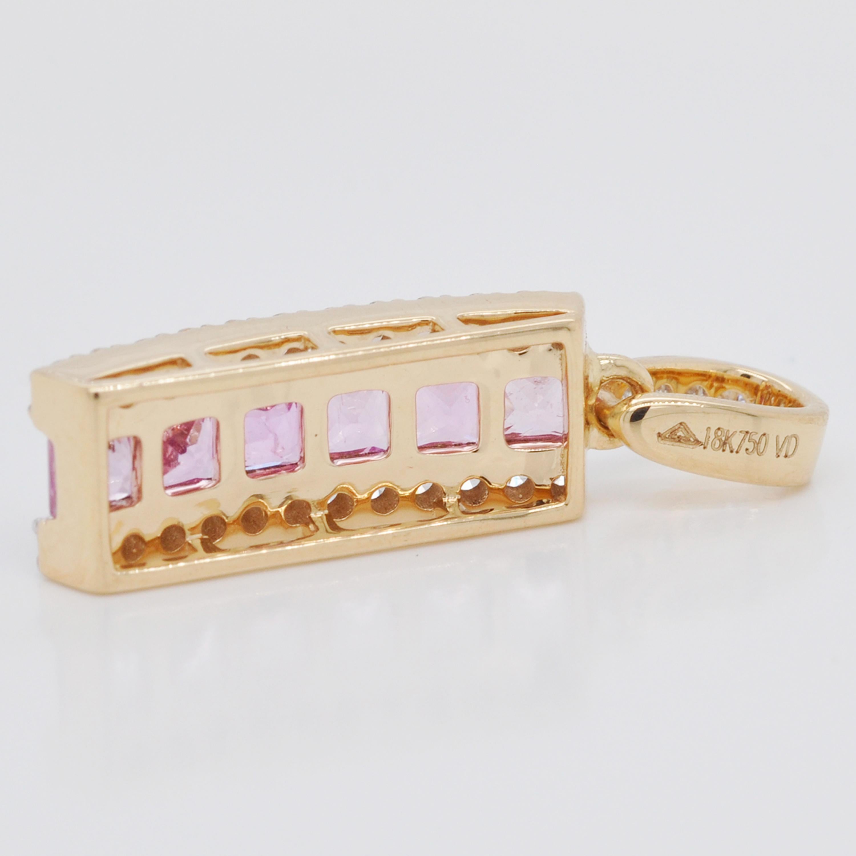 18 Karat Gold Channel Set Princess Cut Pink Sapphire Diamond Linear Pendant For Sale 4