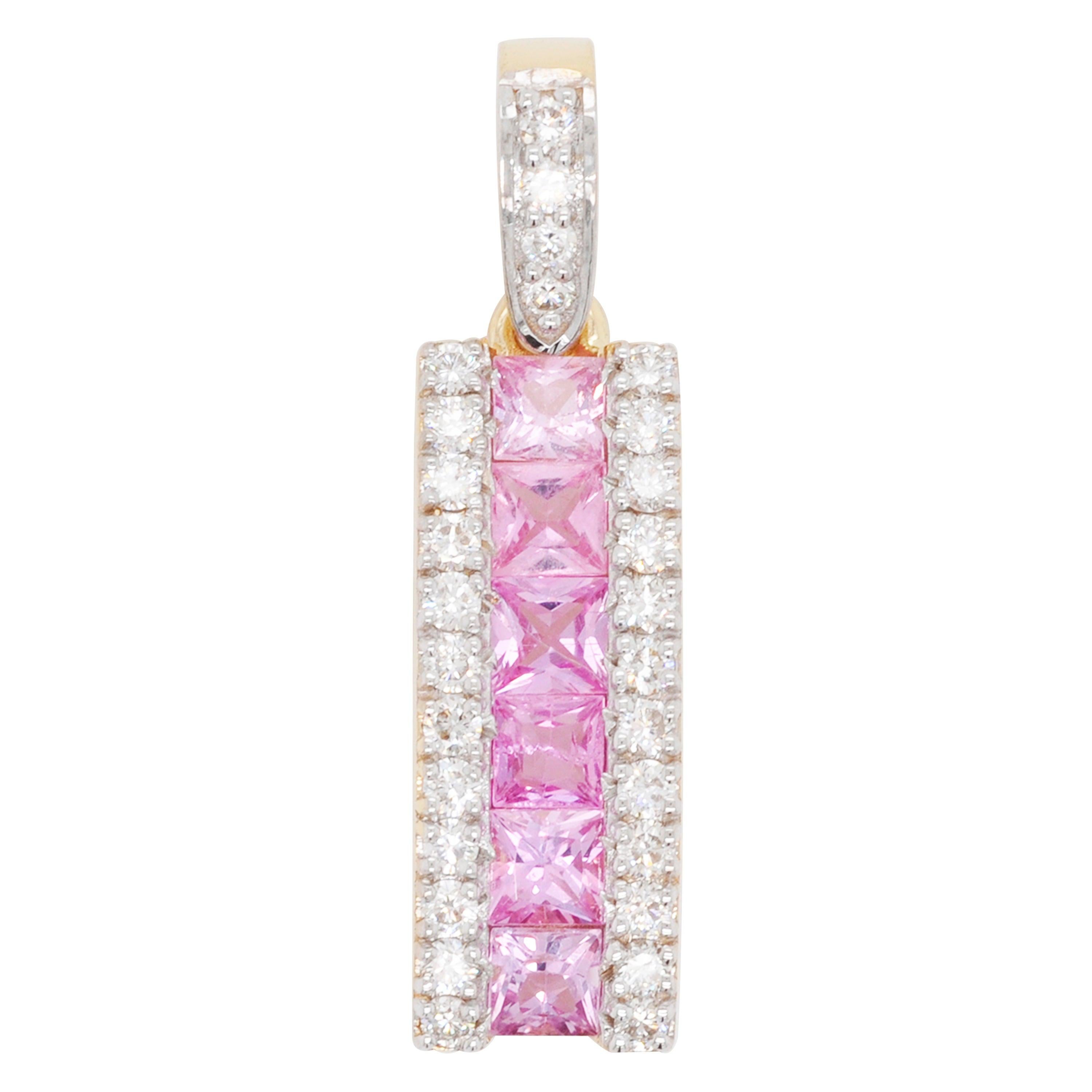 18 Karat Gold Channel Set Princess Cut Pink Sapphire Diamond Linear Pendant For Sale