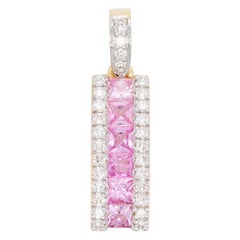18 Karat Gold Channel Set Princess Cut Pink Sapphire Diamond Linear Pendant