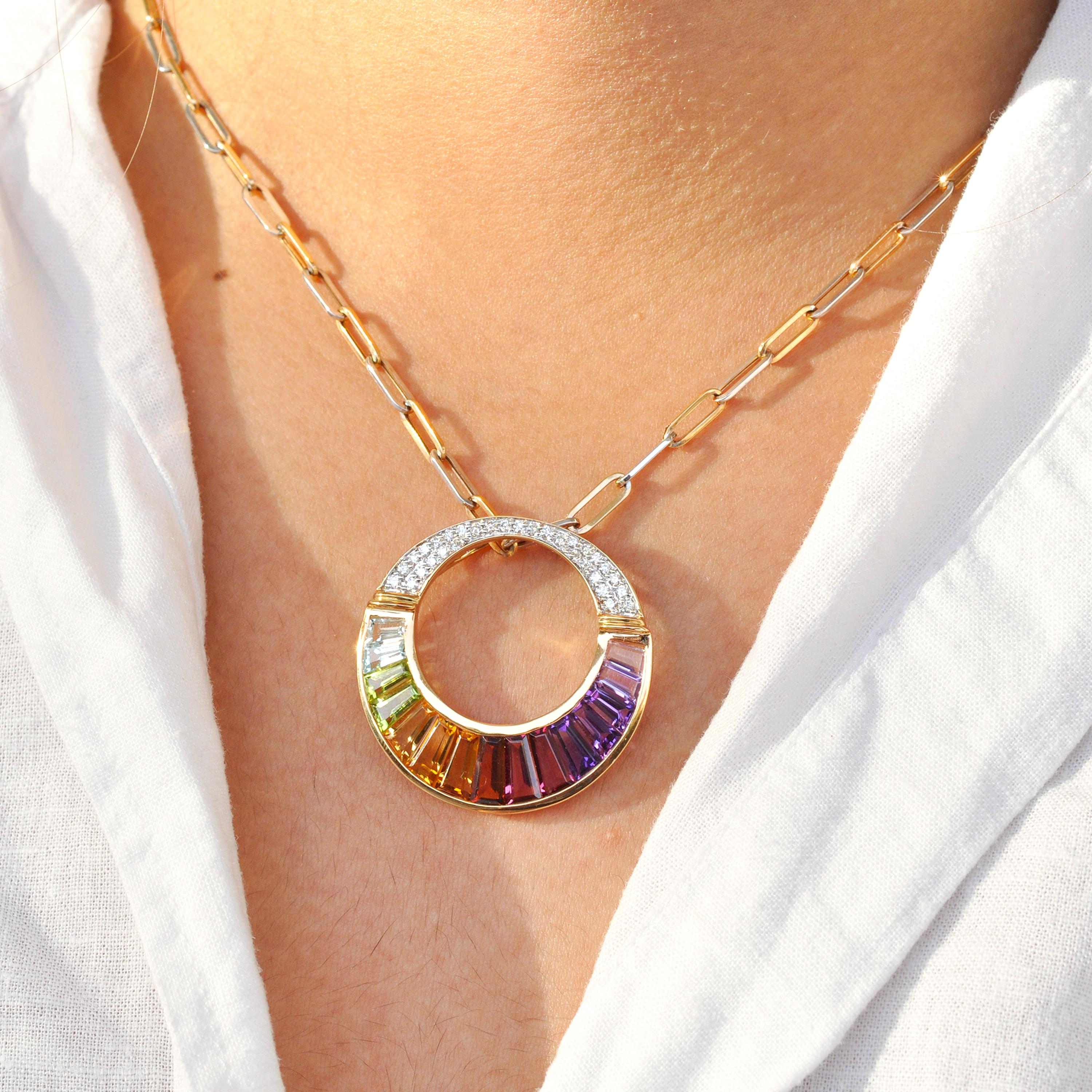 14K Gold Rainbow Gemstones Taper Baguette Diamond Pride Pendant Necklace Brooch For Sale 2