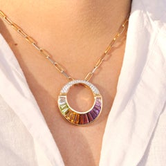 14K Gold Rainbow Gemstones Taper Baguette Diamond Pride Pendant Necklace Brooch