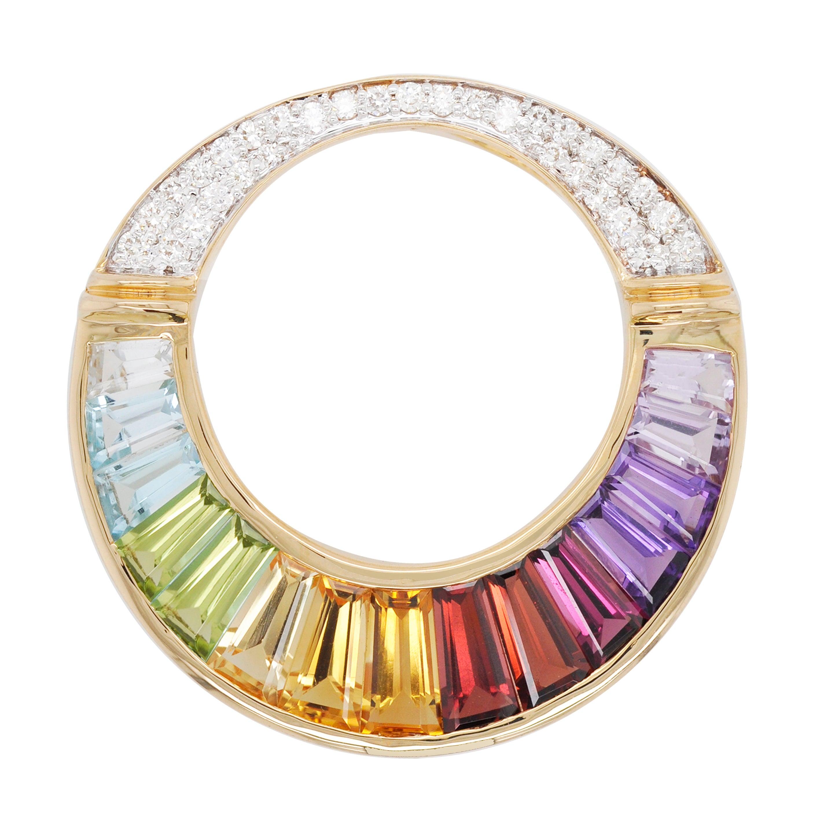 18K Gold Rainbow Gemstones Baguette Diamond Circular Pendant Necklace Brooch For Sale