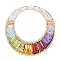18K Gold Rainbow Gemstones Baguette Diamond Circular Pendant Necklace Brooch
