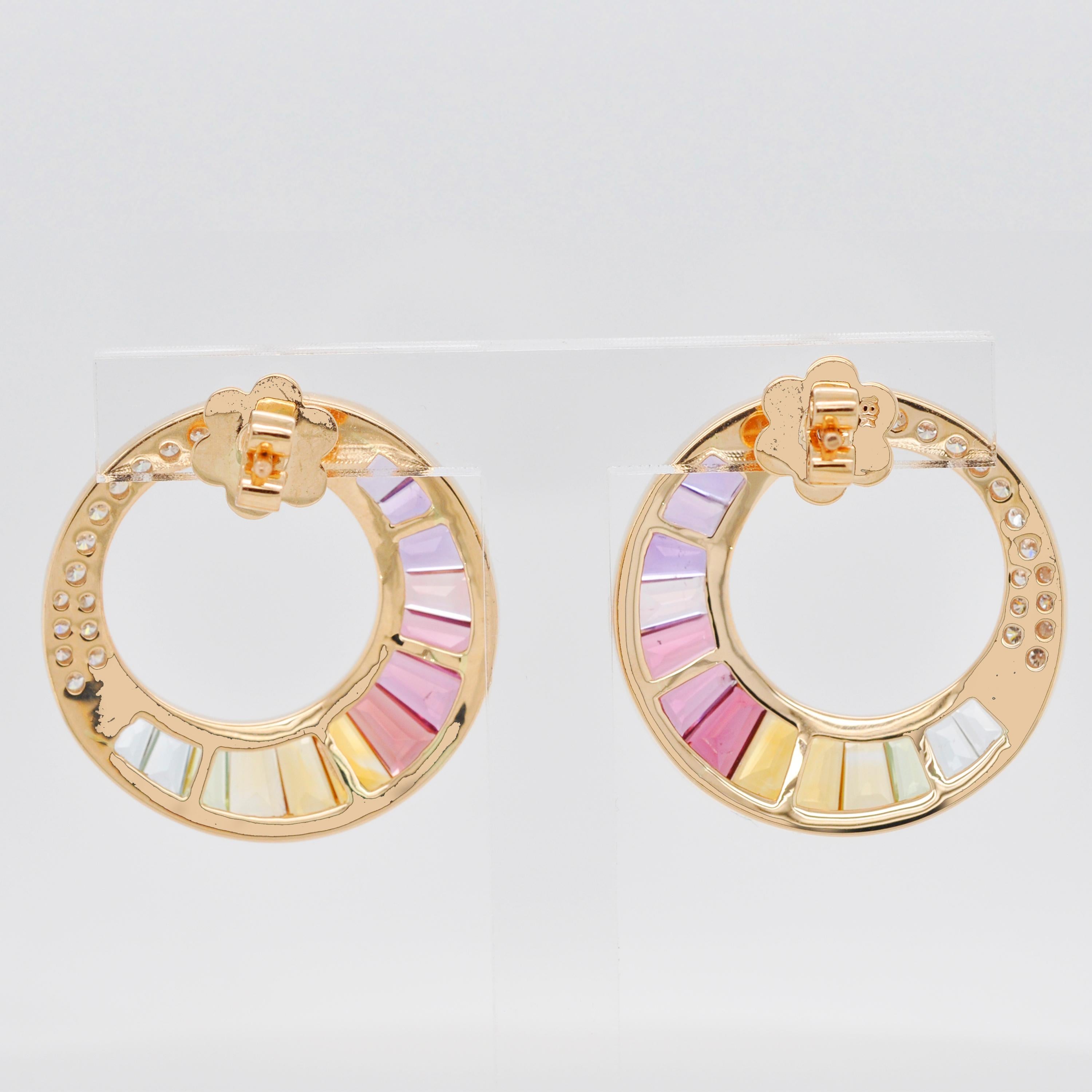 Tapered Baguette 18 Karat Gold Channel Set Rainbow Baguette Diamond Circular Stud Earrings