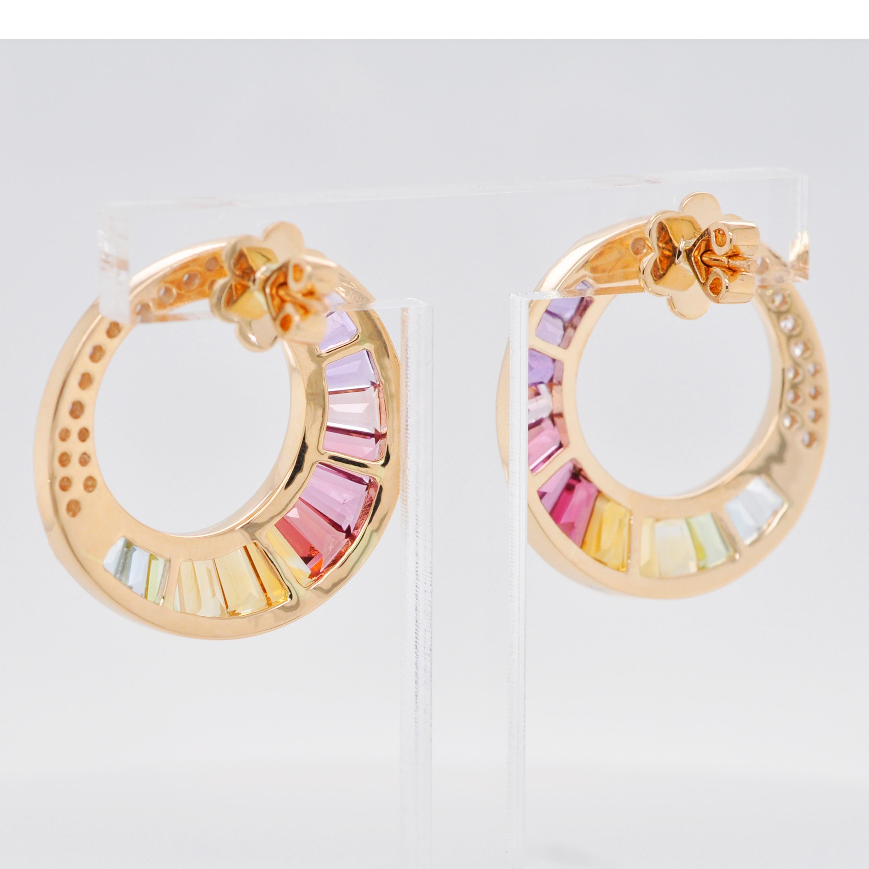 18 Karat Gold Channel Set Rainbow Baguette Diamond Circular Stud Earrings In New Condition In Jaipur, Rajasthan
