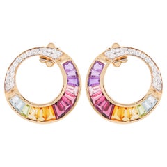18 Karat Gold Channel Set Rainbow Baguette Diamond Circular Stud Earrings