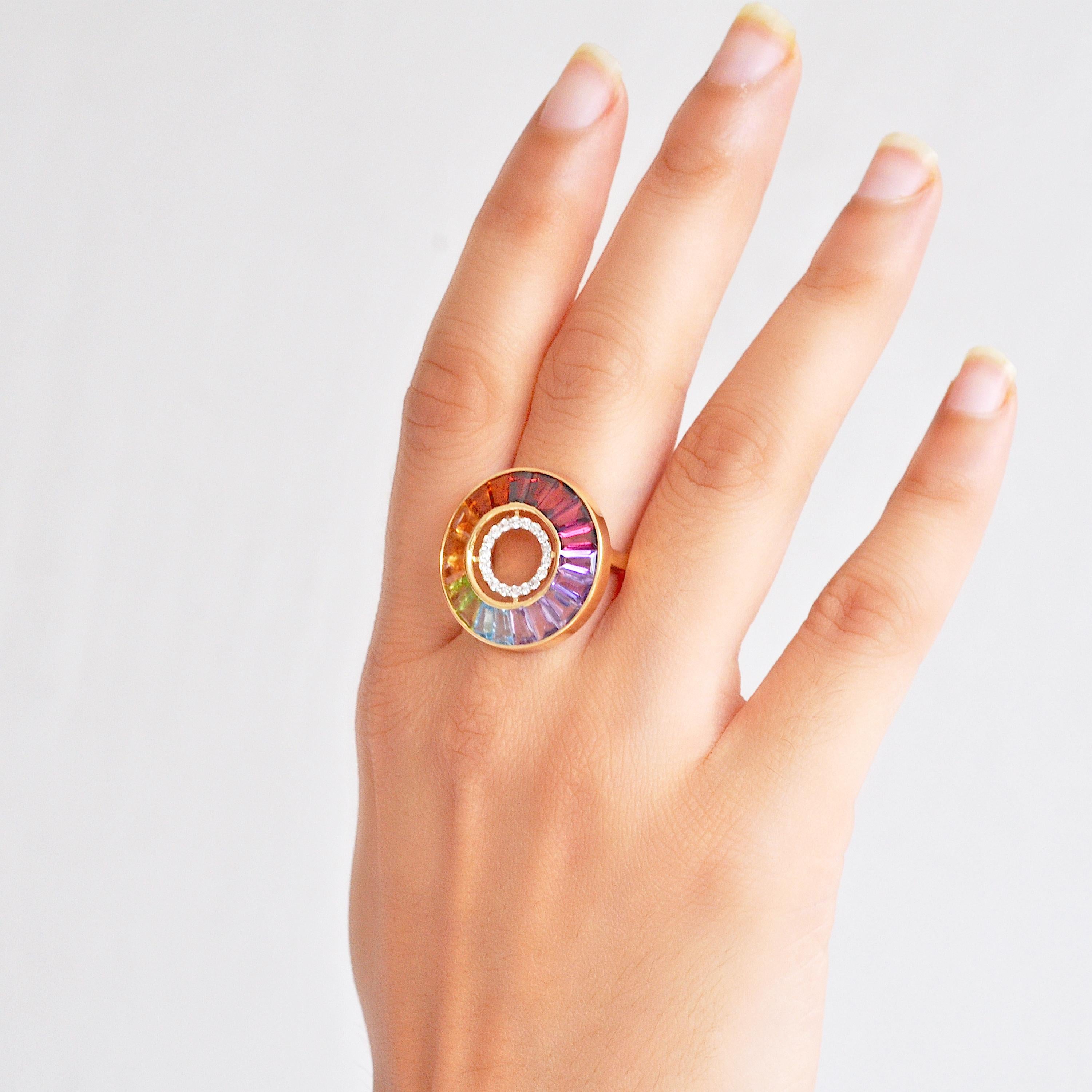 For Sale:  18 Karat Gold Channel Set Rainbow Baguette Gemstone Diamond Art Deco Circle Ring 10