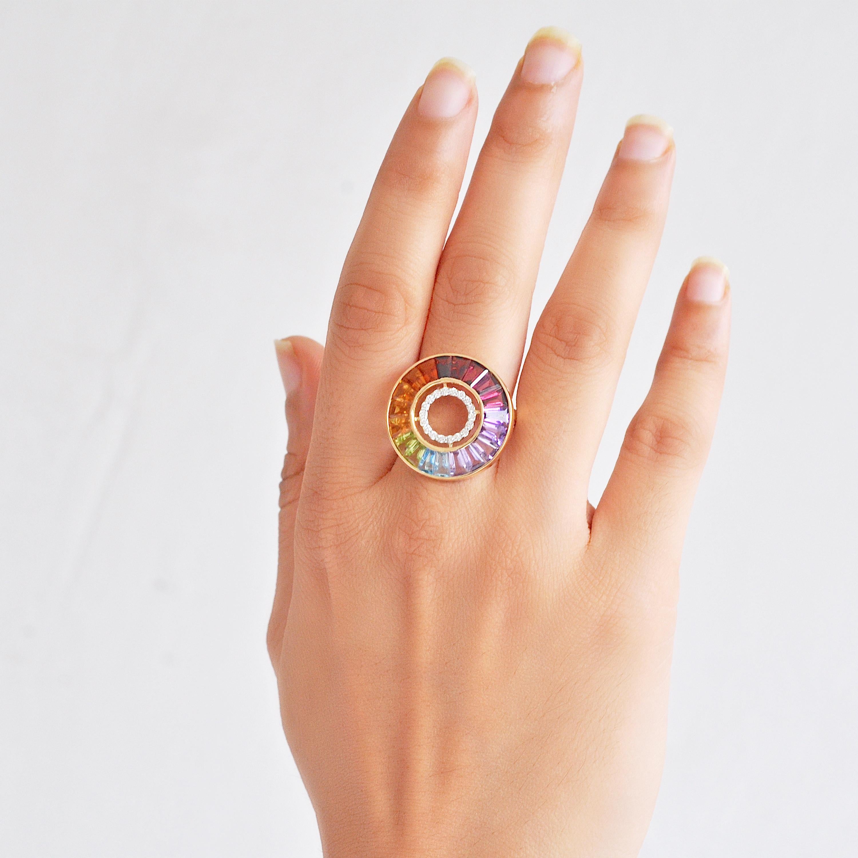 in vendita:  Anello a cerchio in oro 14 carati con canale e gemma baguette Rainbow Diamonds Art Deco 11