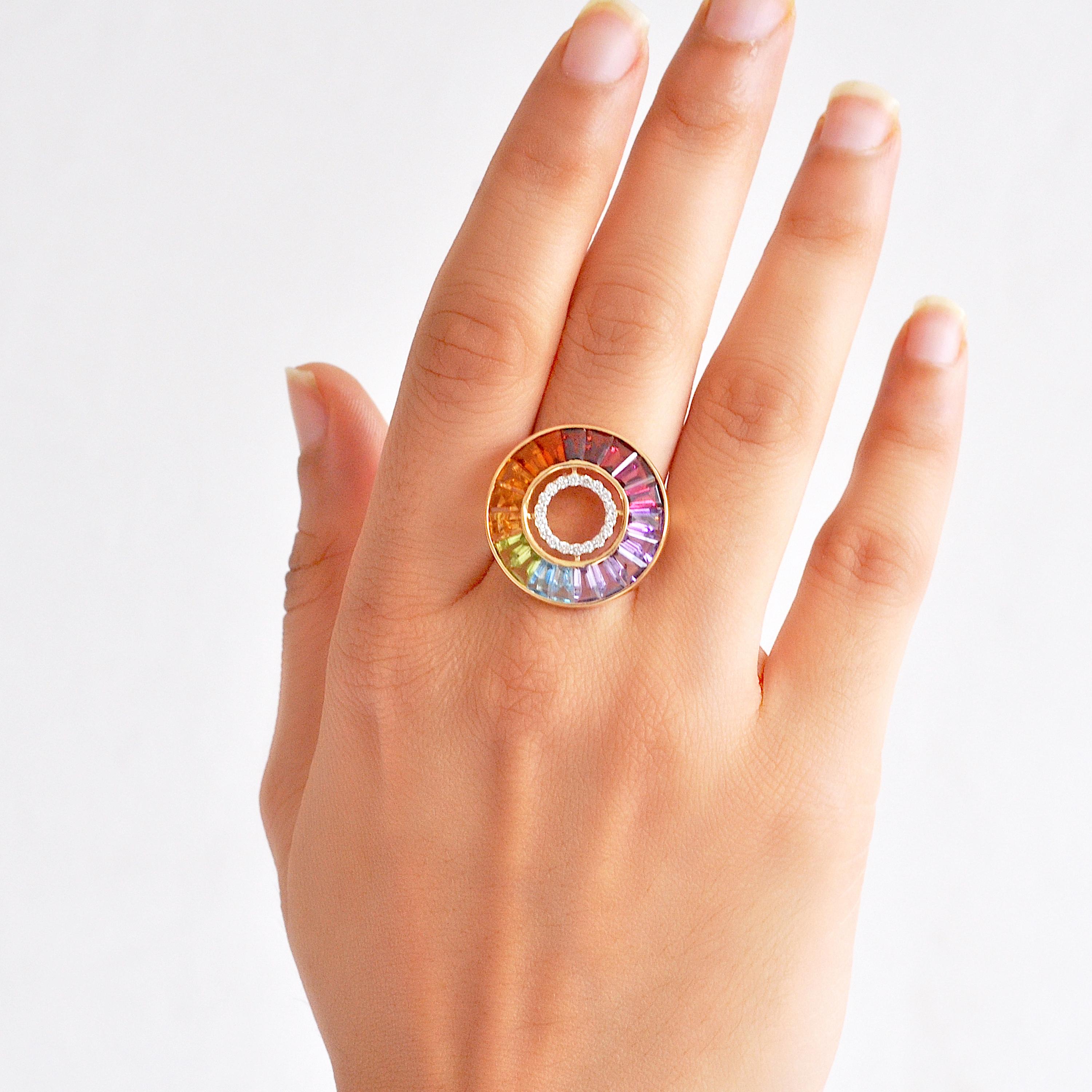 For Sale:  18 Karat Gold Channel Set Rainbow Baguette Gemstone Diamond Art Deco Circle Ring 2
