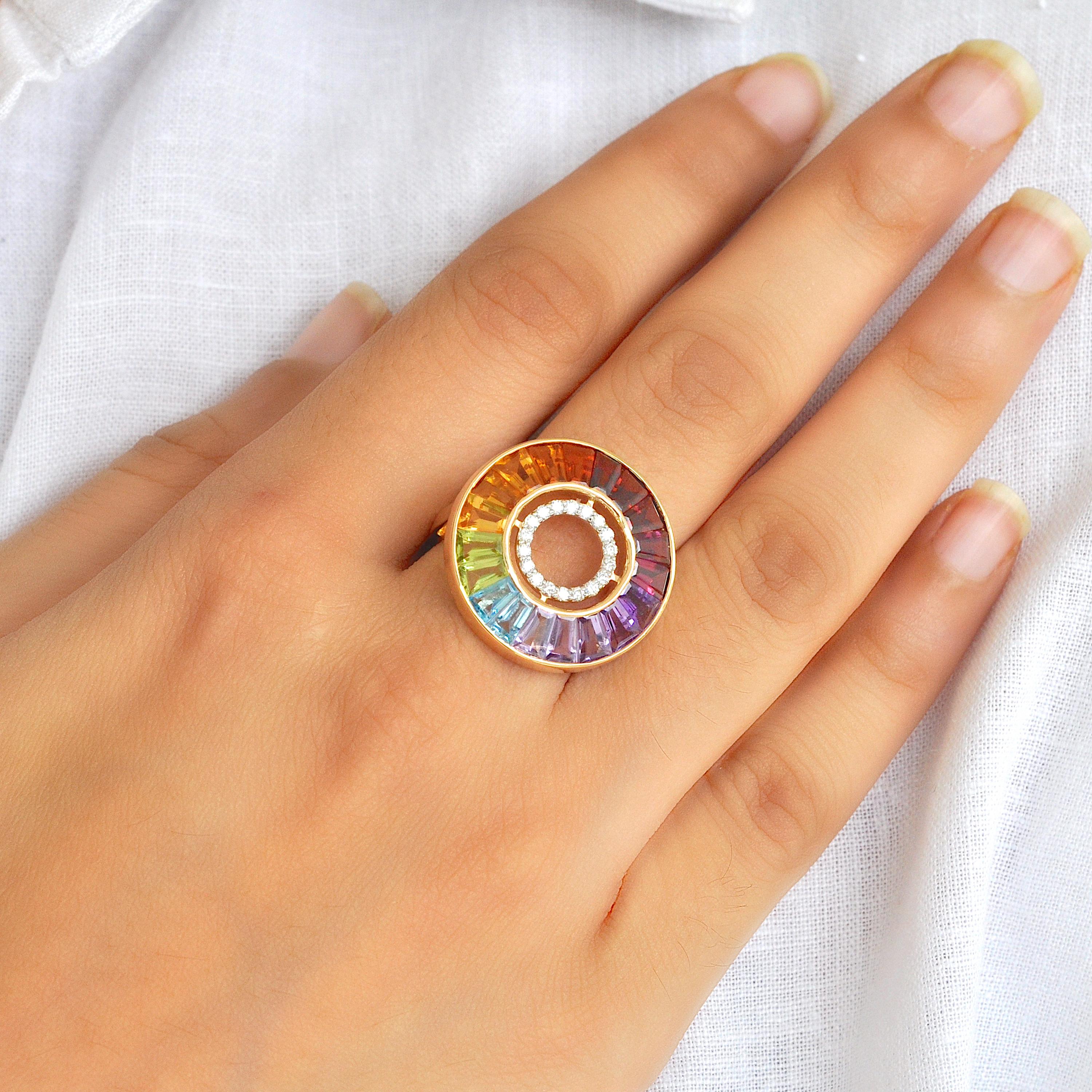 in vendita:  Anello a cerchio in oro 14 carati con canale e gemma baguette Rainbow Diamonds Art Deco 3