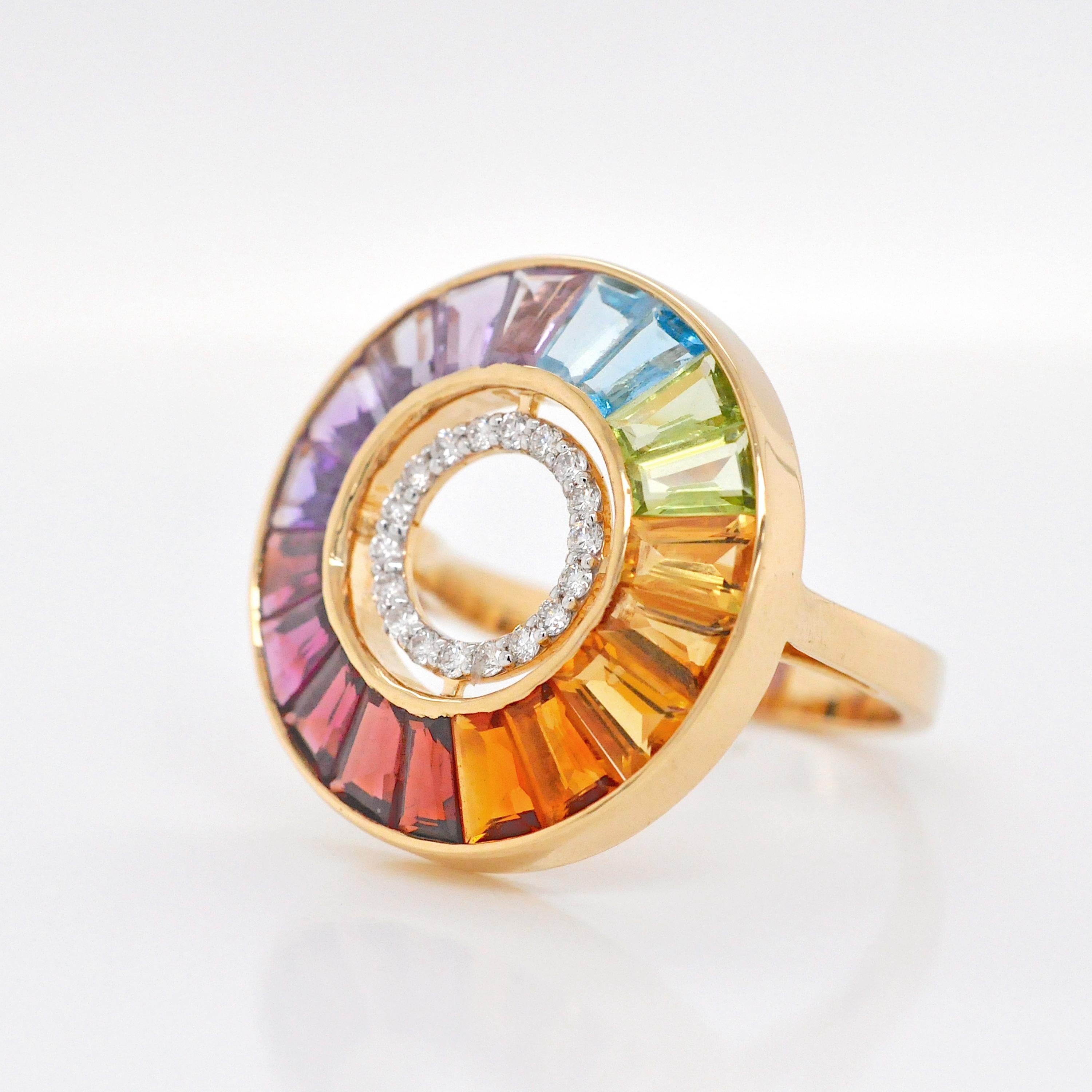 For Sale:  18 Karat Gold Channel Set Rainbow Baguette Gemstone Diamond Art Deco Circle Ring 4