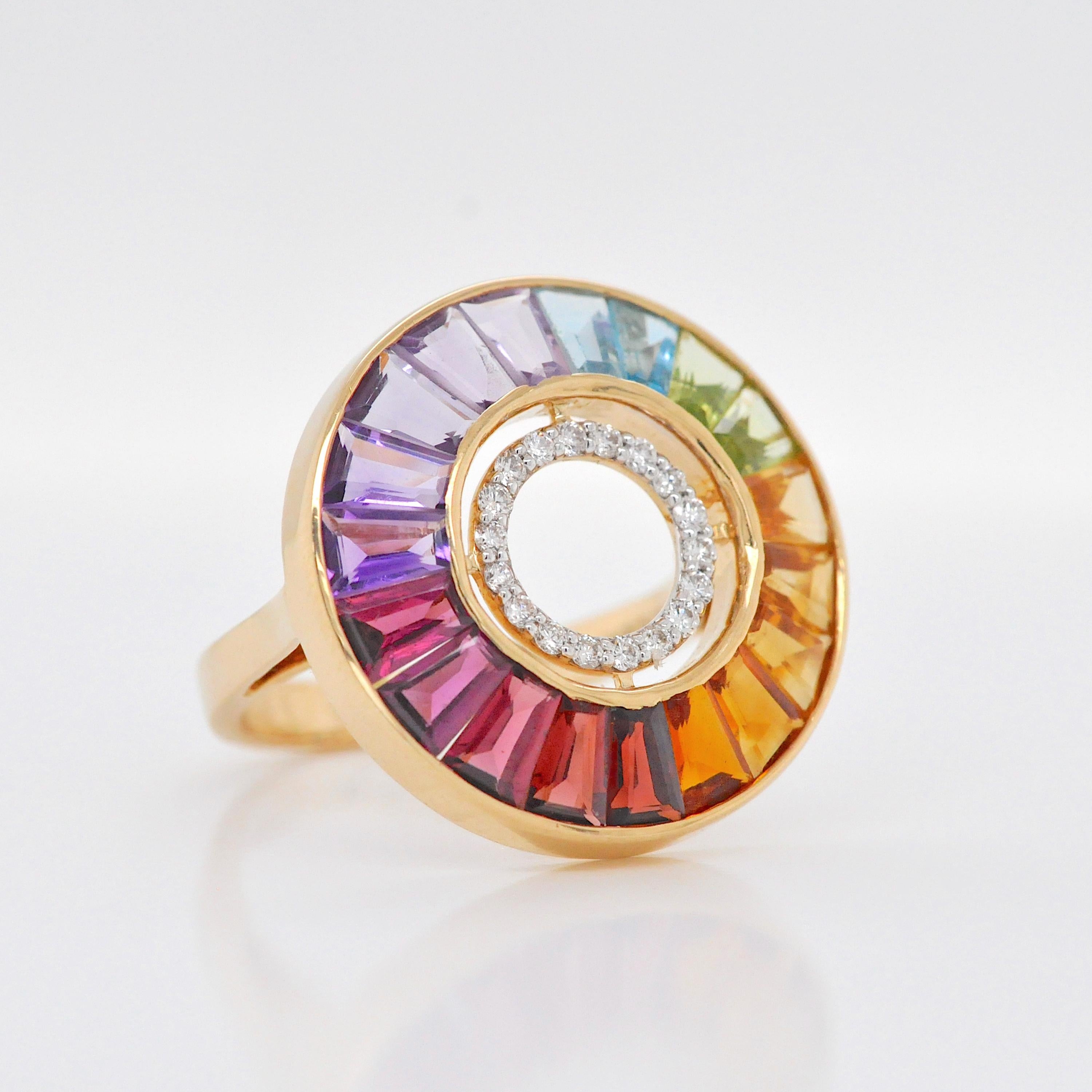 For Sale:  18 Karat Gold Channel Set Rainbow Baguette Gemstone Diamond Art Deco Circle Ring 5
