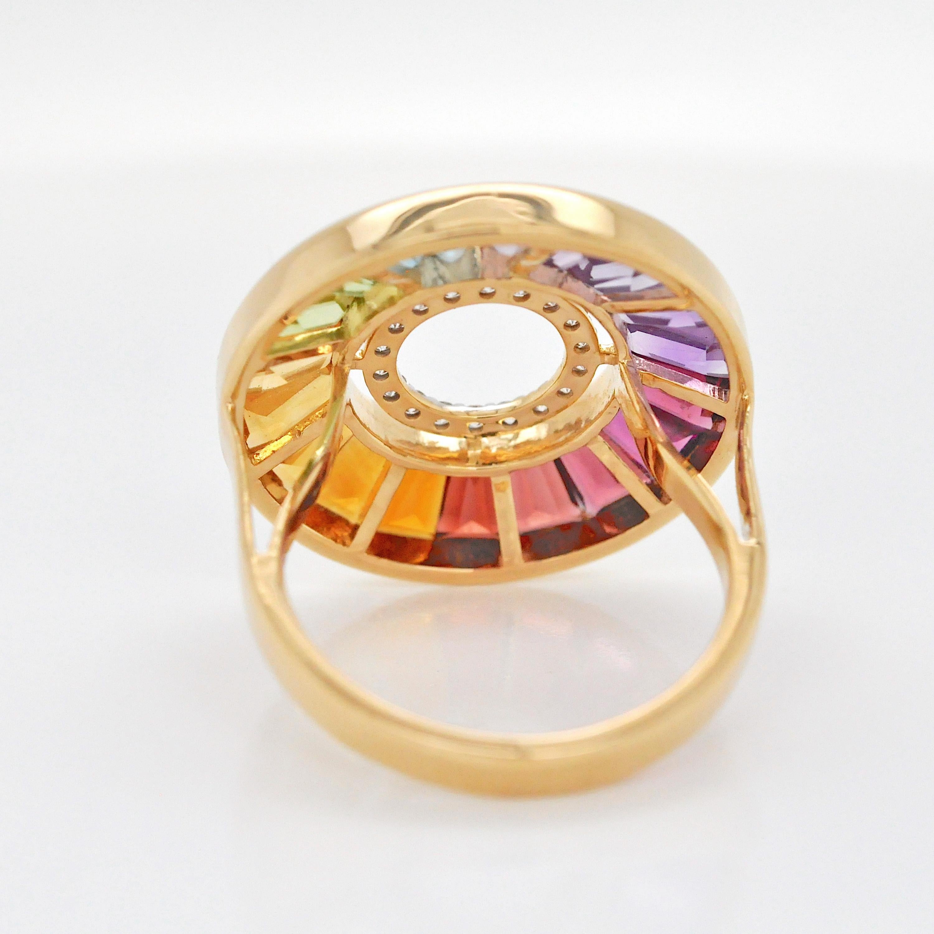 For Sale:  18 Karat Gold Channel Set Rainbow Baguette Gemstone Diamond Art Deco Circle Ring 6