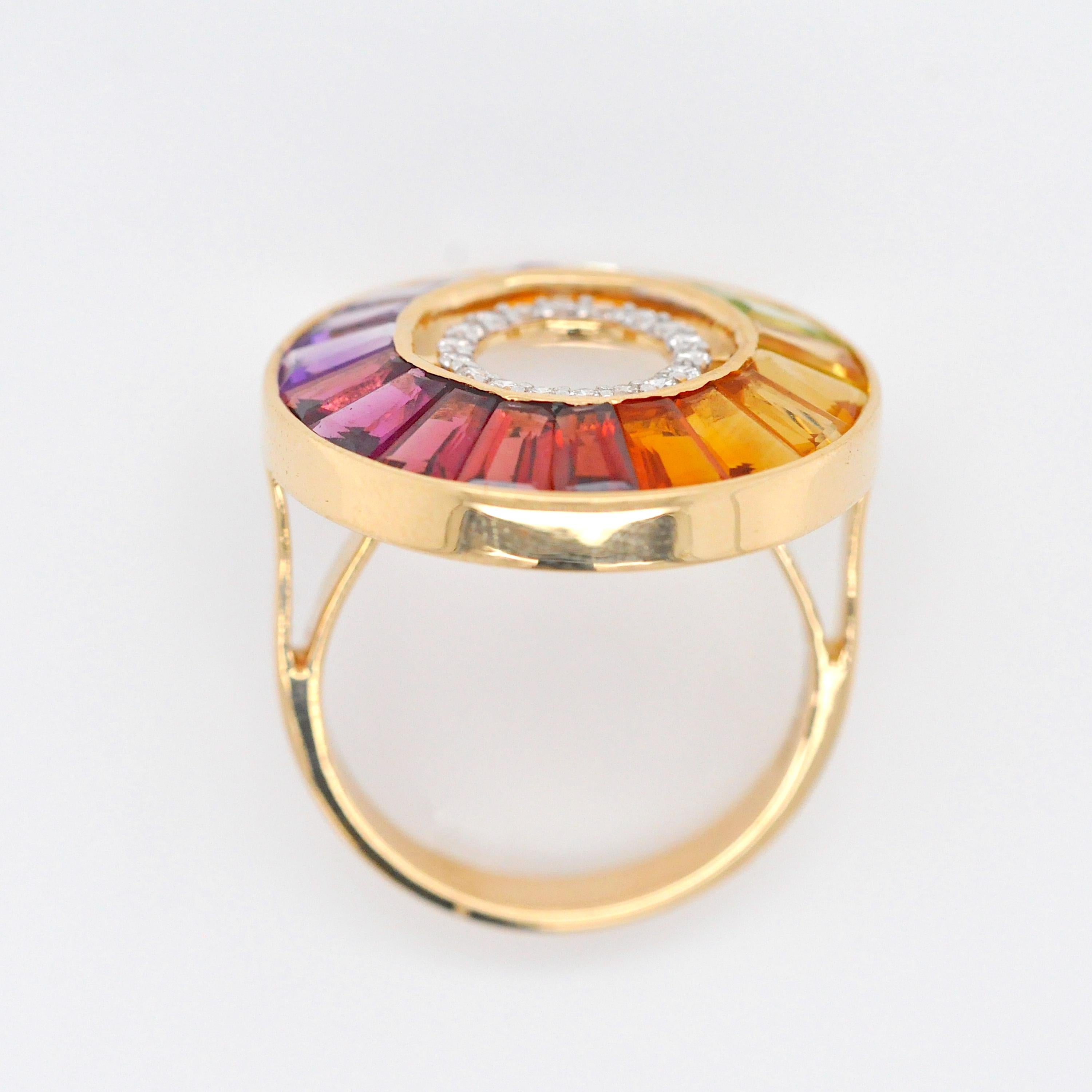 For Sale:  18 Karat Gold Channel Set Rainbow Baguette Gemstone Diamond Art Deco Circle Ring 7