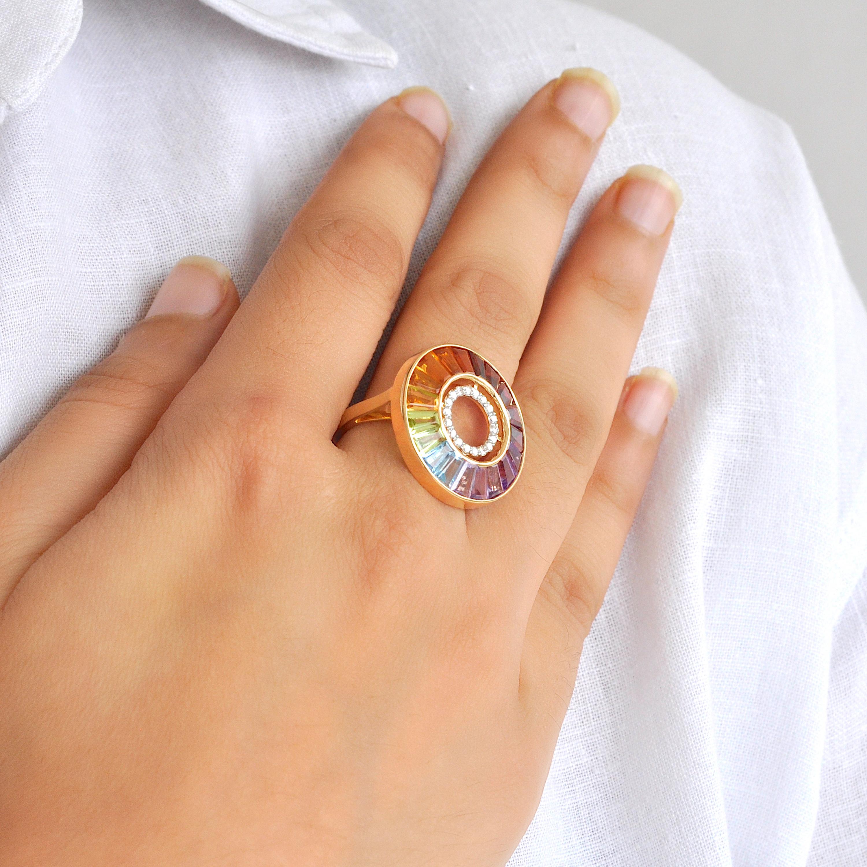 For Sale:  18 Karat Gold Channel Set Rainbow Baguette Gemstone Diamond Art Deco Circle Ring 8
