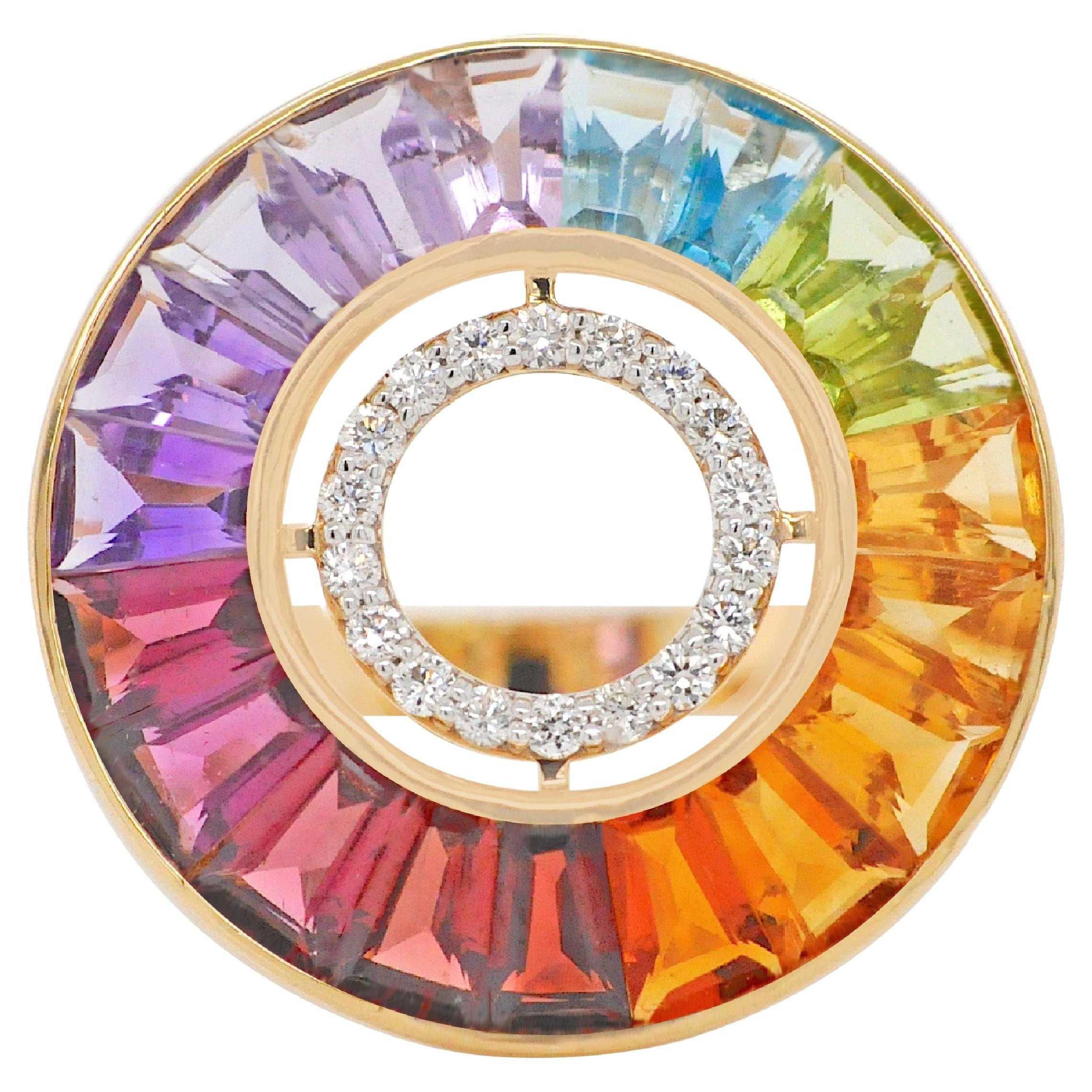 For Sale:  18 Karat Gold Channel Set Rainbow Baguette Gemstone Diamond Art Deco Circle Ring