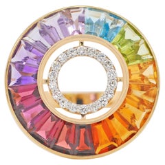 18 Karat Gold Channel Set Rainbow Baguette Gemstone Diamond Art Deco Circle Ring