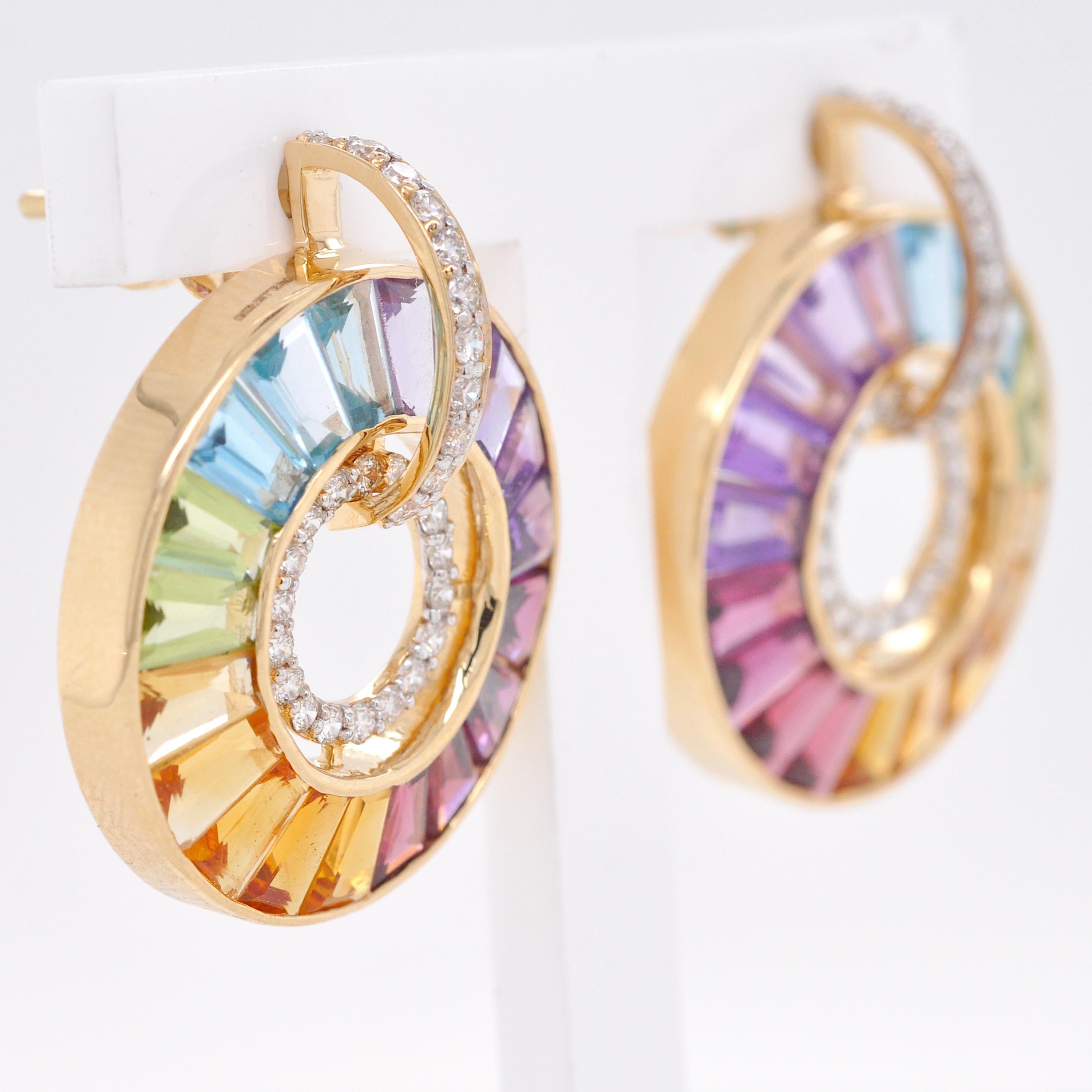14 Karat Gold Channel-Set Rainbow Baguette Gemstones Diamond Circle Earrings For Sale 4