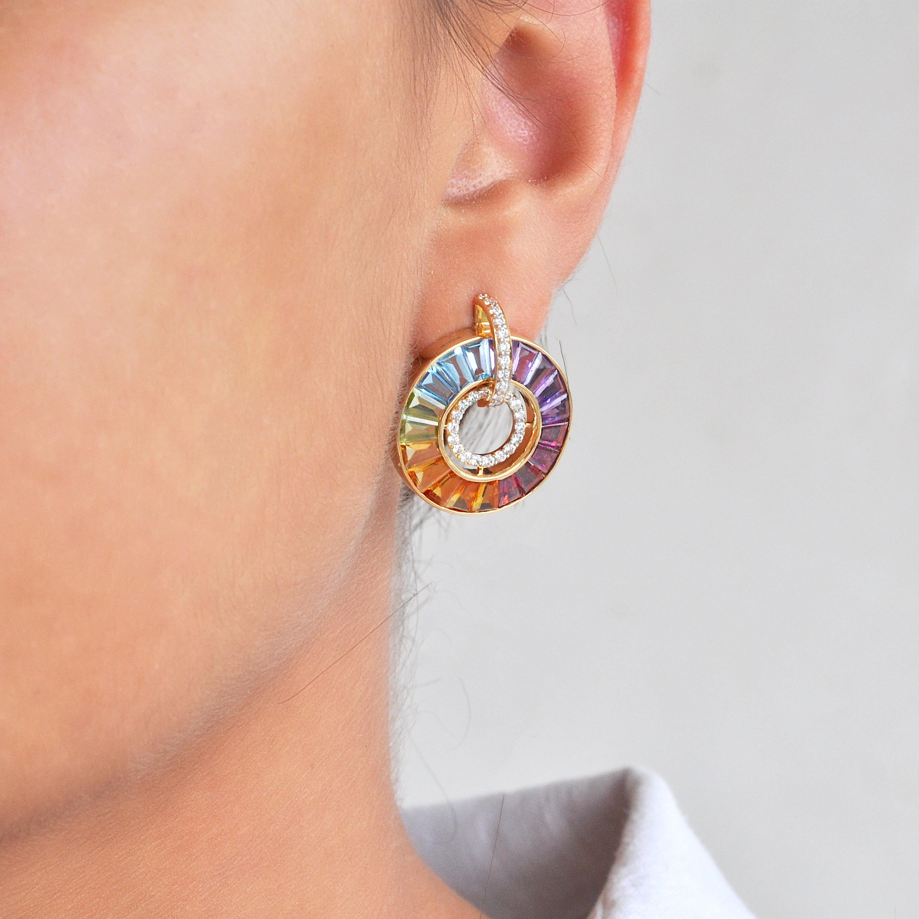 Contemporary 14 Karat Gold Channel-Set Rainbow Baguette Gemstones Diamond Circle Earrings For Sale