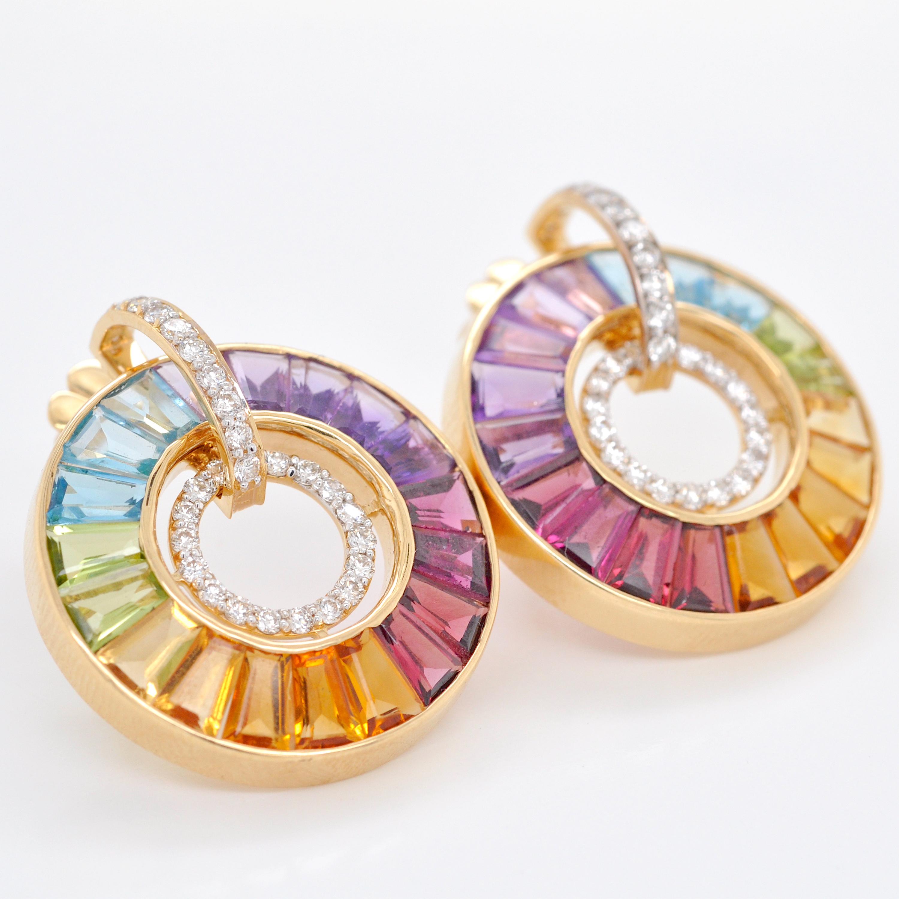 Tapered Baguette 14 Karat Gold Channel-Set Rainbow Baguette Gemstones Diamond Circle Earrings For Sale