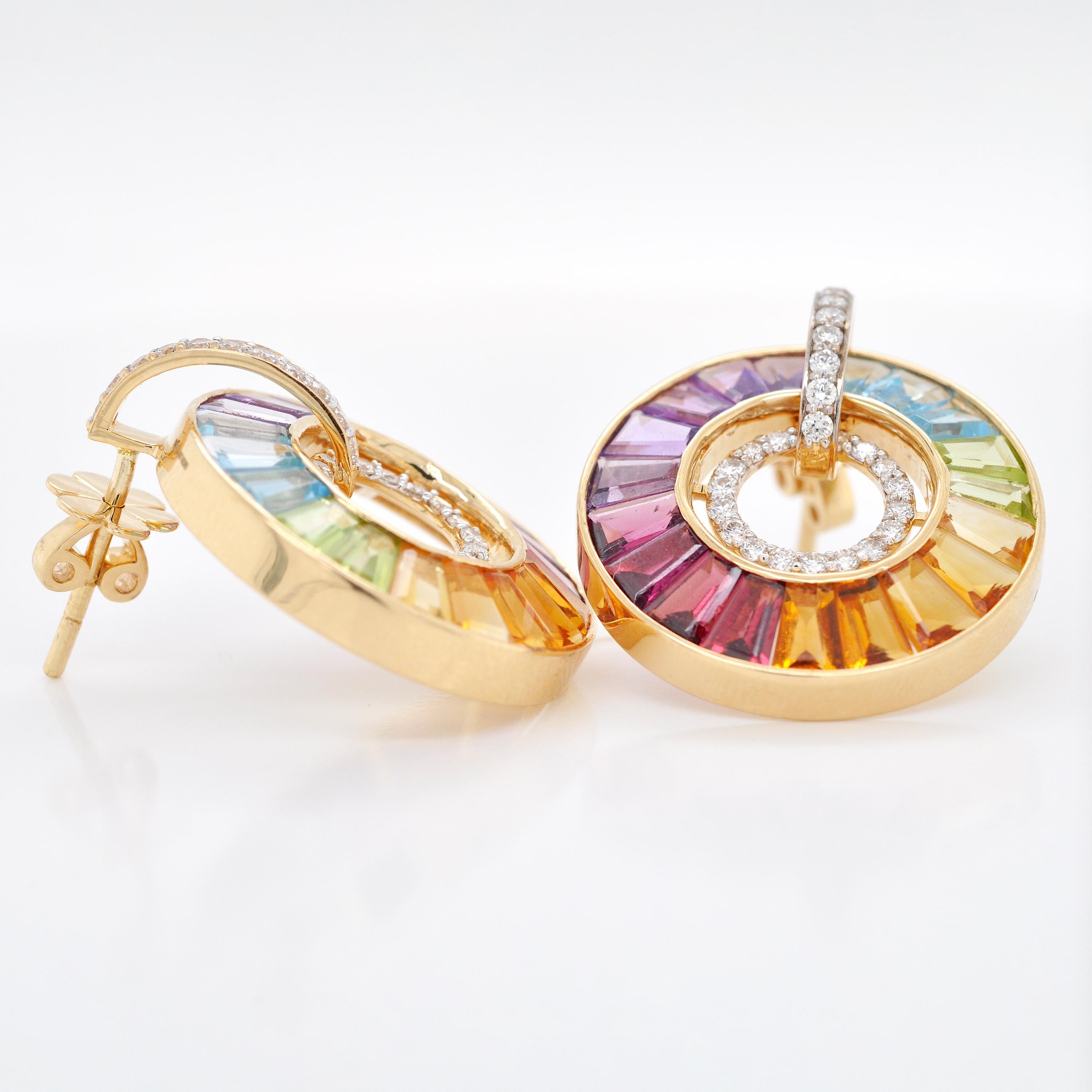Women's 14 Karat Gold Channel-Set Rainbow Baguette Gemstones Diamond Circle Earrings For Sale