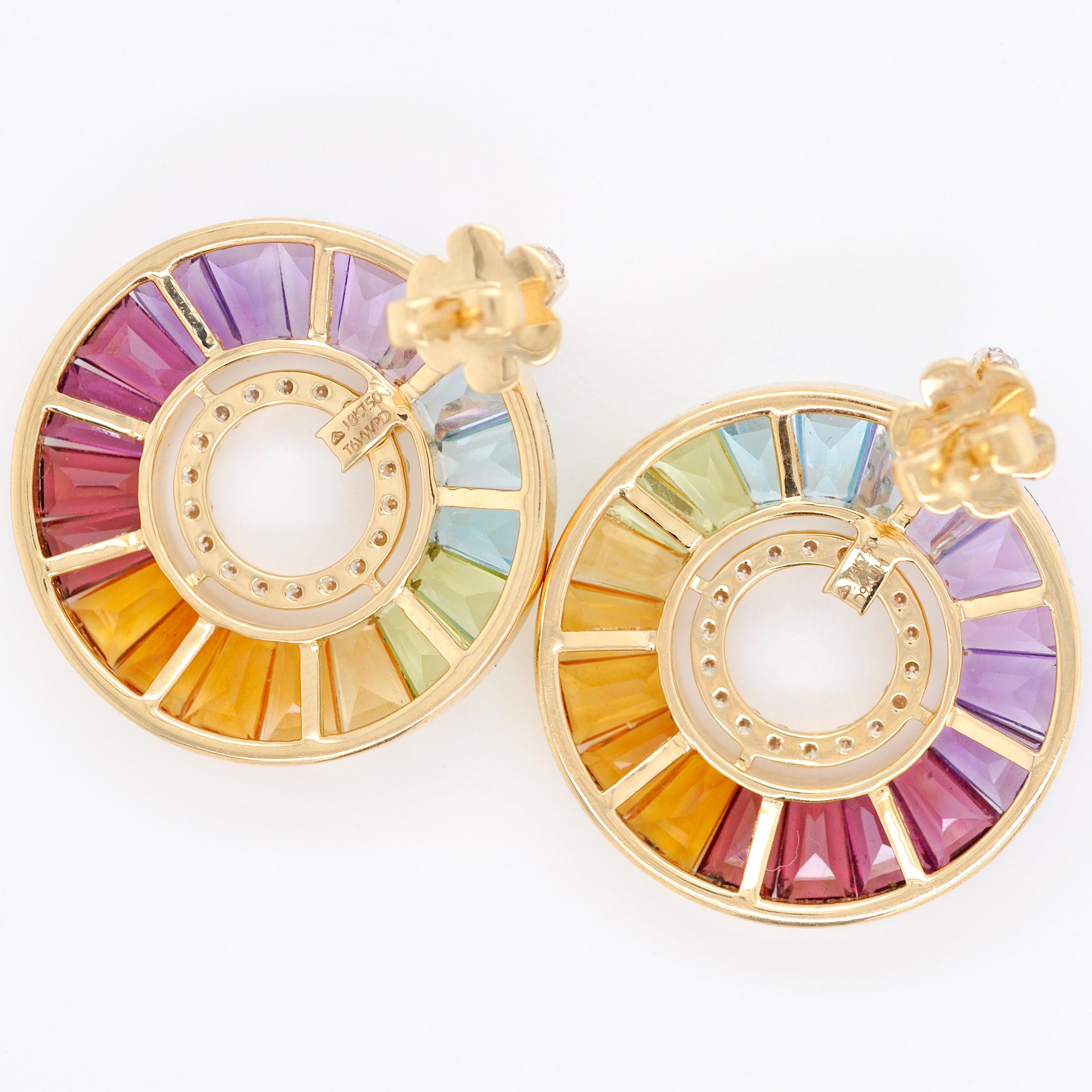 14 Karat Gold Channel-Set Rainbow Baguette Gemstones Diamond Circle Earrings For Sale 1