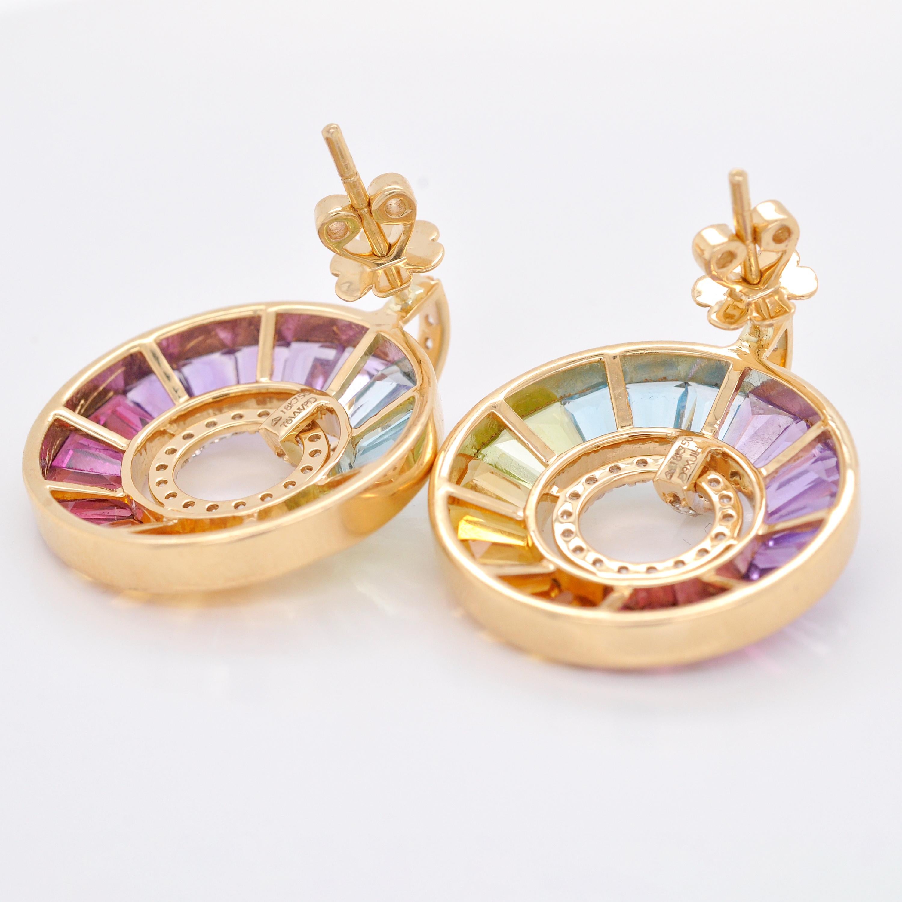 14 Karat Gold Channel-Set Rainbow Baguette Gemstones Diamond Circle Earrings For Sale 2