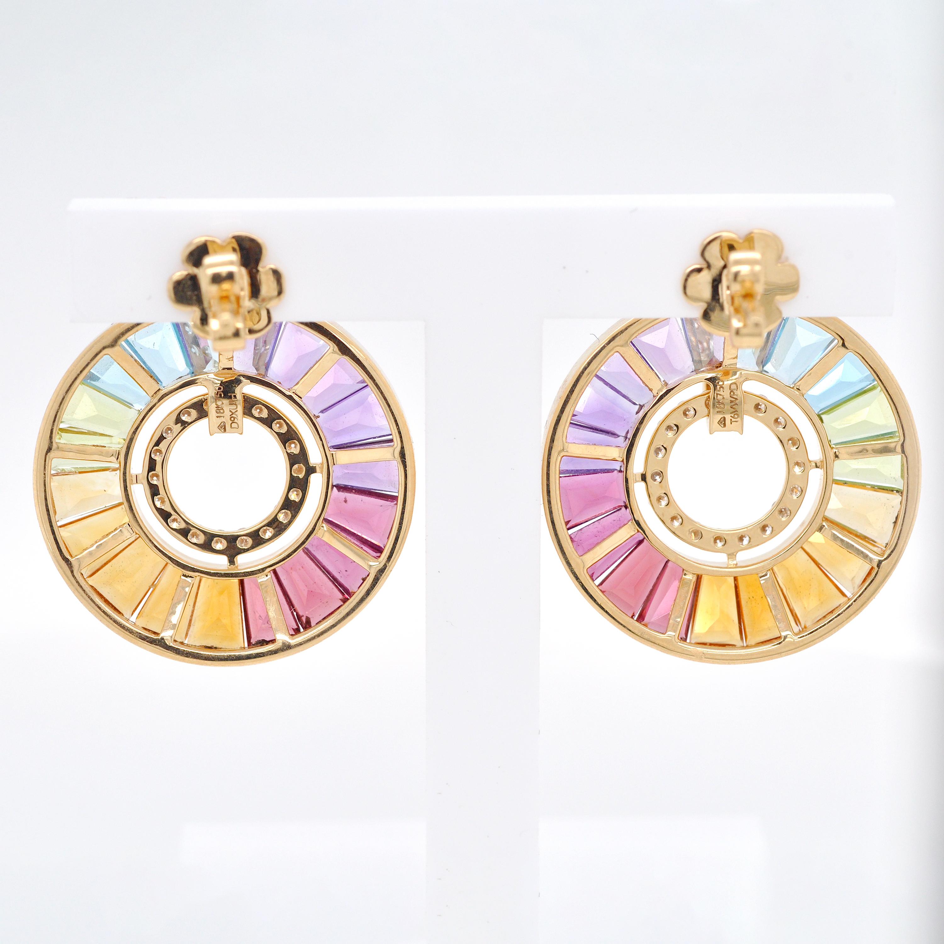 14 Karat Gold Channel-Set Rainbow Baguette Gemstones Diamond Circle Earrings For Sale 3