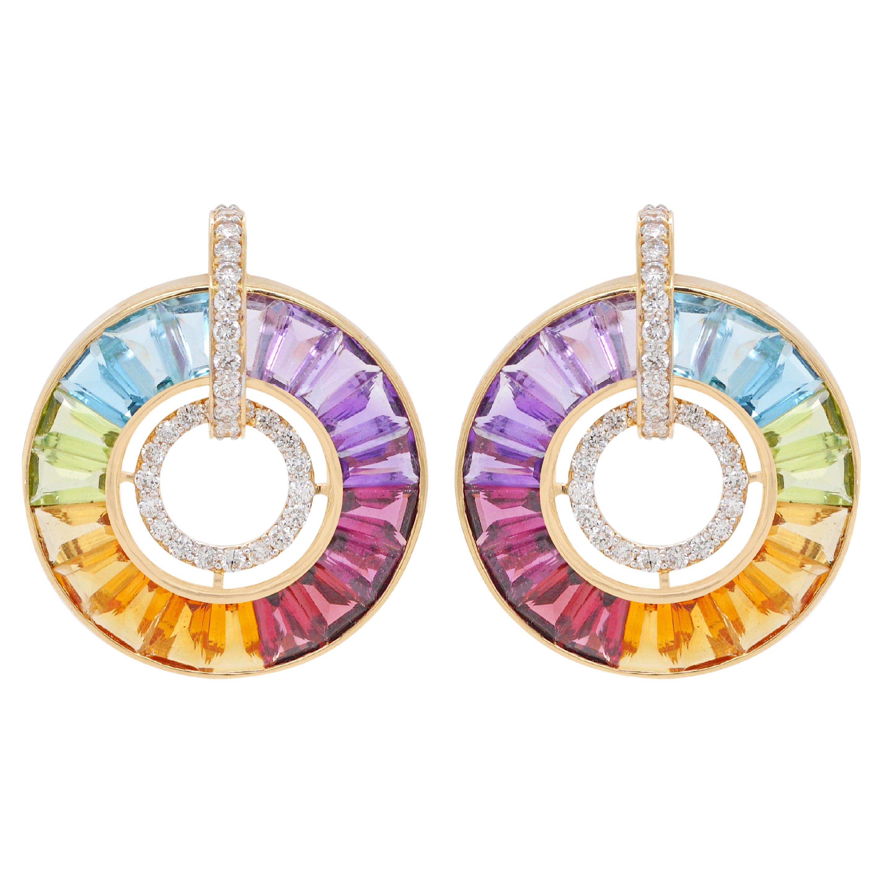 18 Karat Gold Channel-Set Rainbow Baguette Gemstones Diamond Circle Earrings For Sale