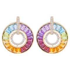 18 Karat Gold Channel-Set Rainbow Baguette Gemstones Diamond Circle Earrings