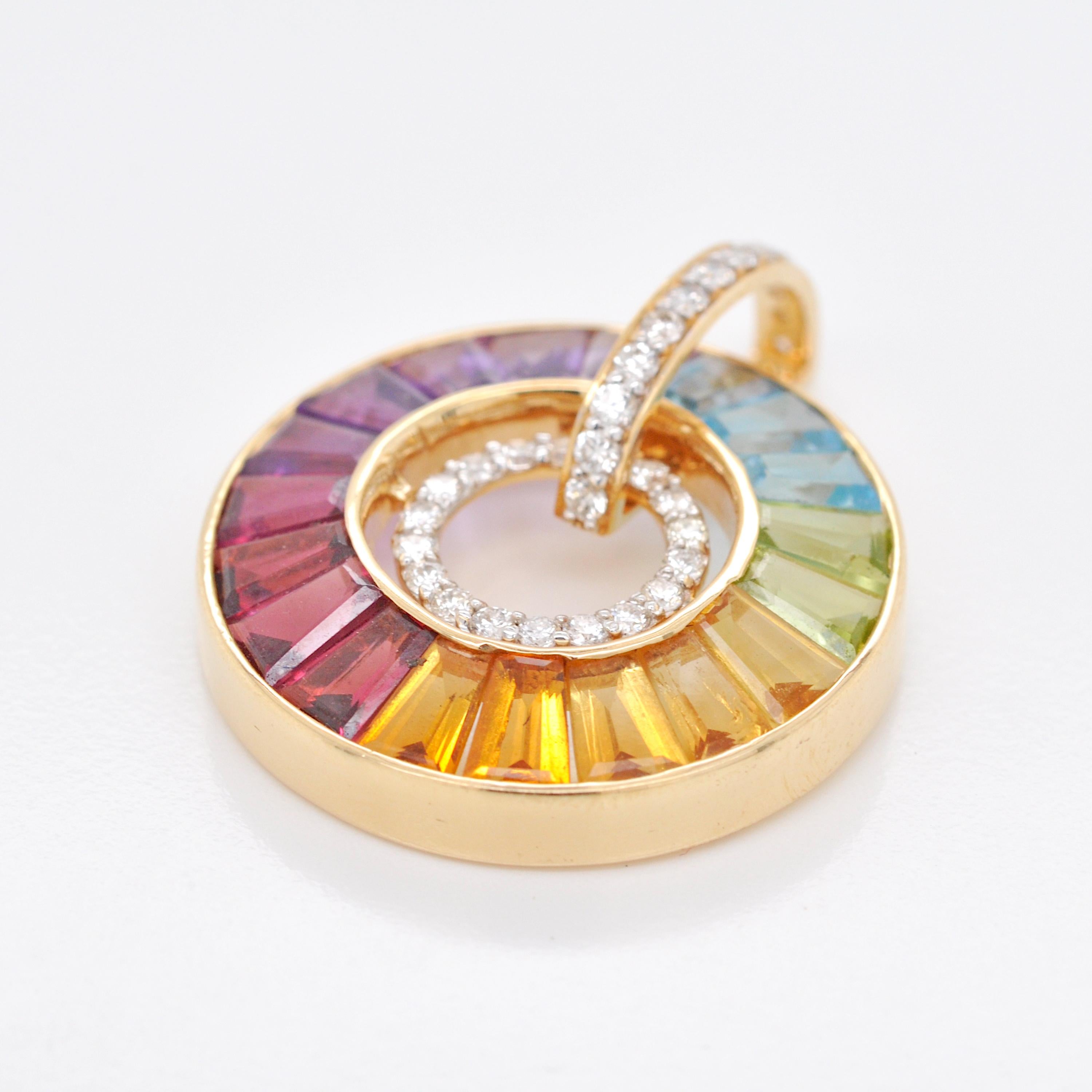 Women's or Men's 18 Karat Gold Channel-Set Rainbow Gemstones Diamond Art Deco Circular Pendant For Sale