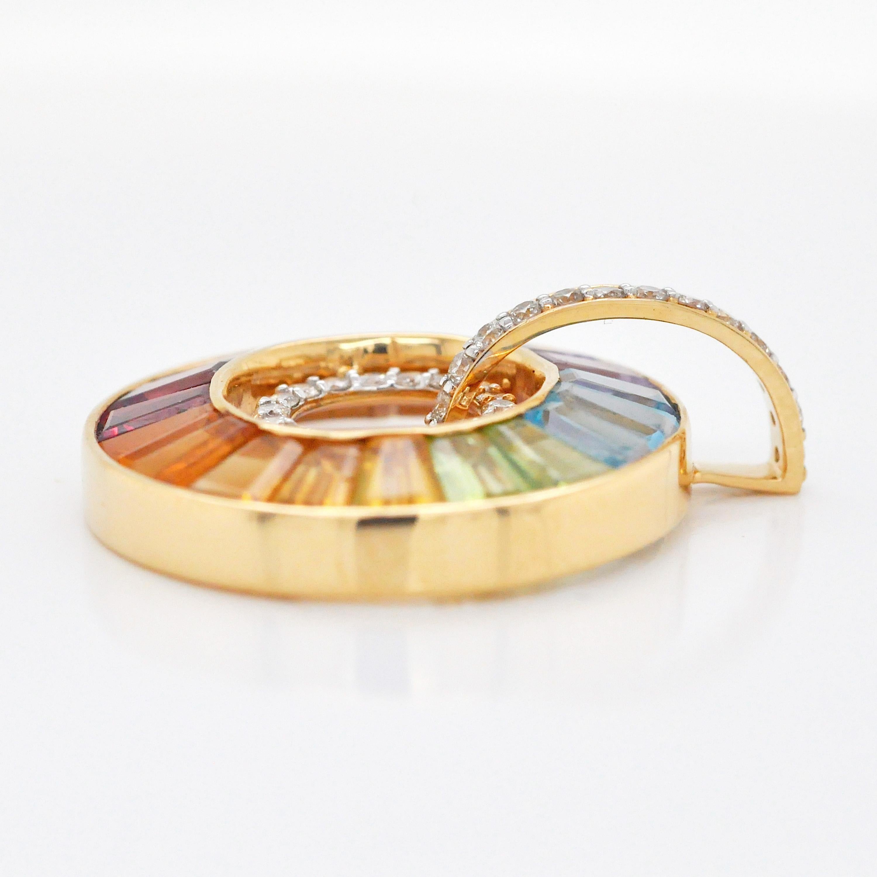 18 Karat Gold Channel-Set Rainbow Gemstones Diamond Art Deco Circular Pendant For Sale 1