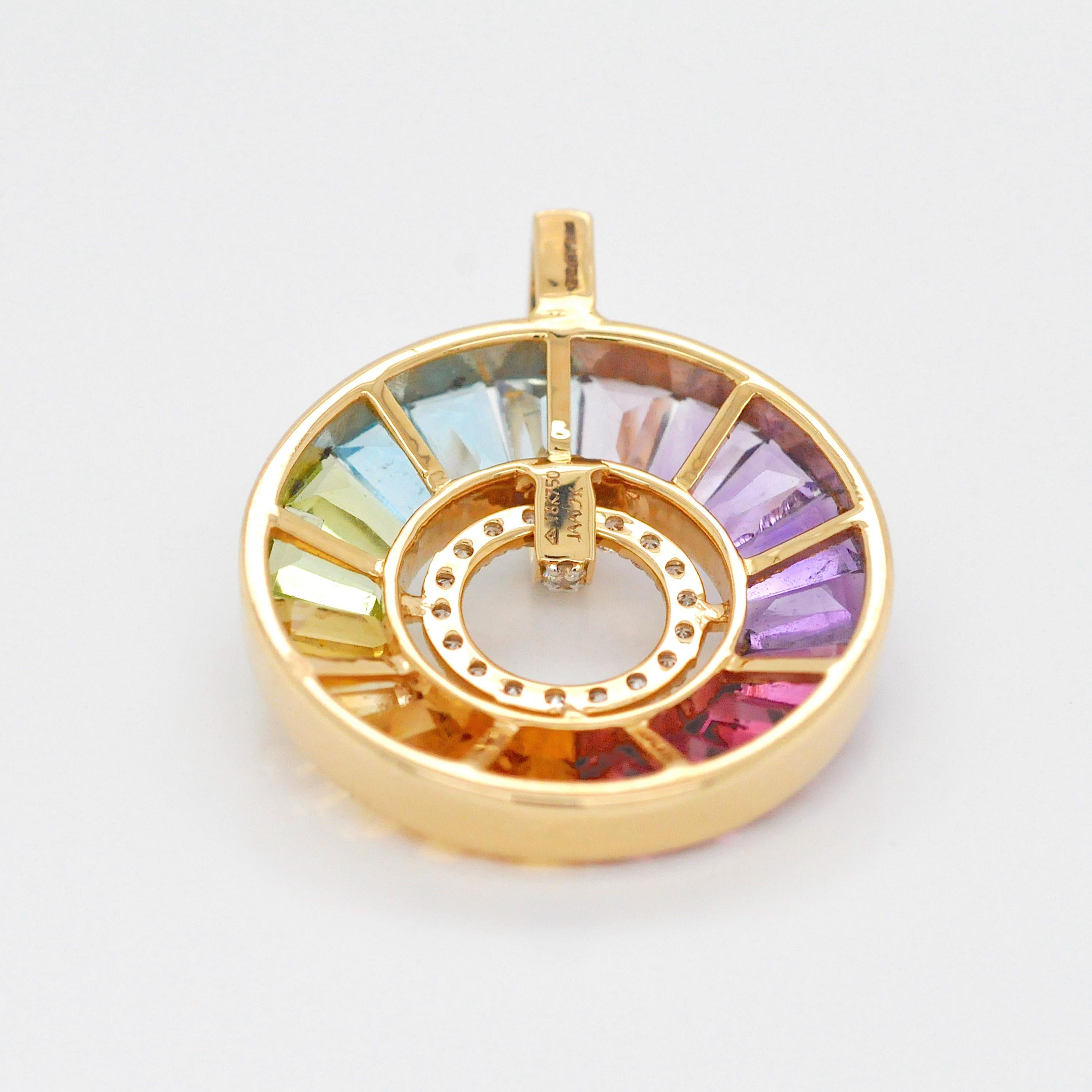 18 Karat Gold Channel-Set Rainbow Gemstones Diamond Art Deco Circular Pendant For Sale 2