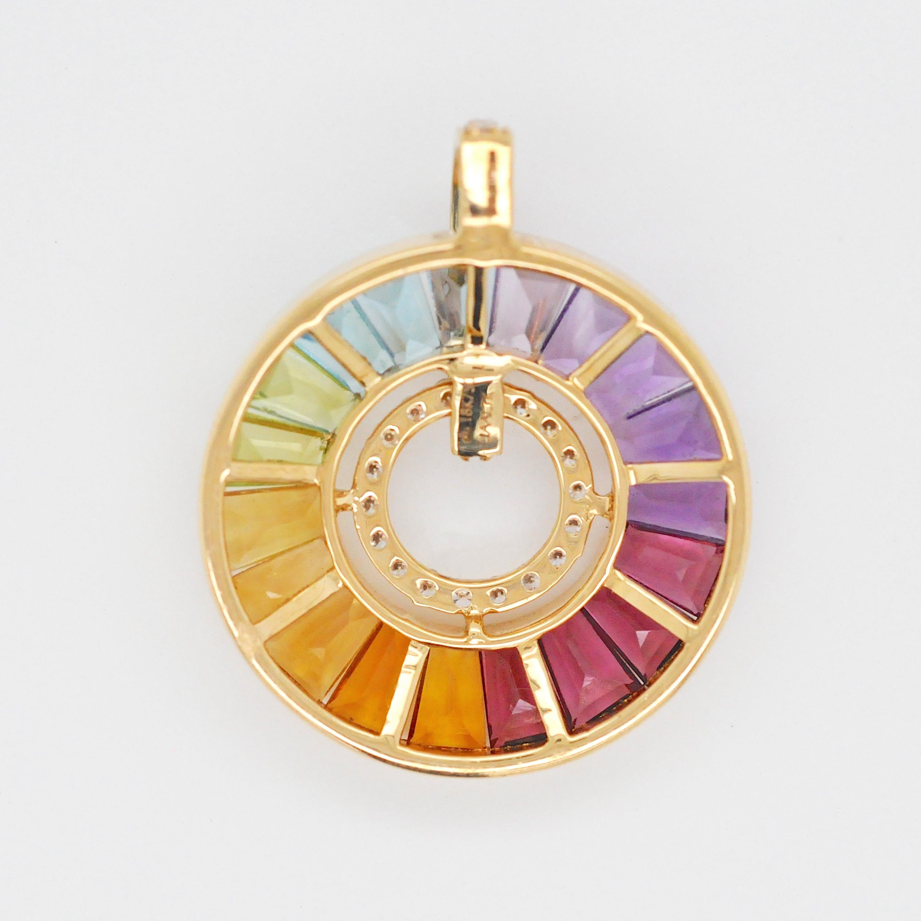 18 Karat Gold Channel-Set Rainbow Gemstones Diamond Art Deco Circular Pendant For Sale 3