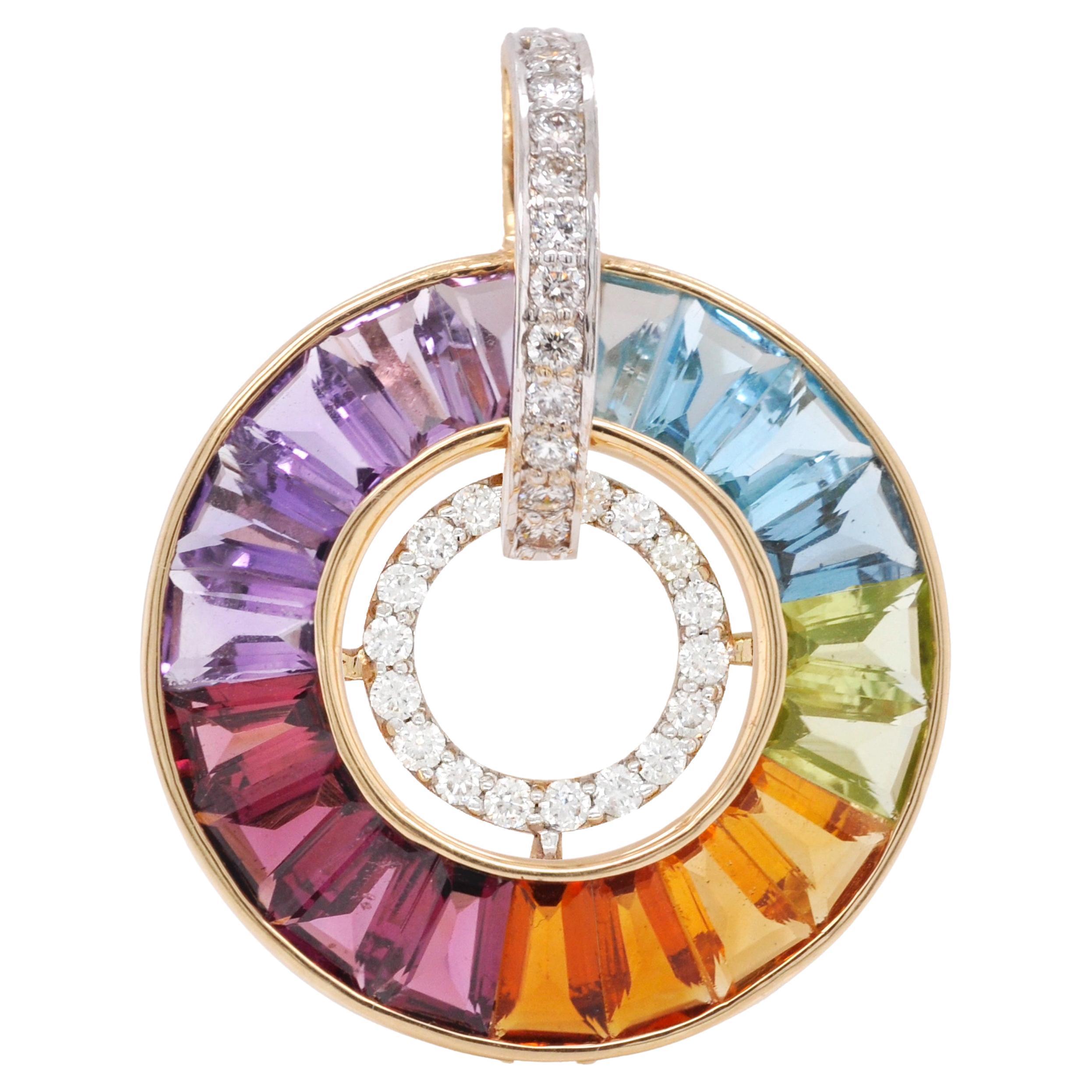 18 Karat Gold Channel-Set Rainbow Gemstones Diamond Art Deco Circular Pendant For Sale
