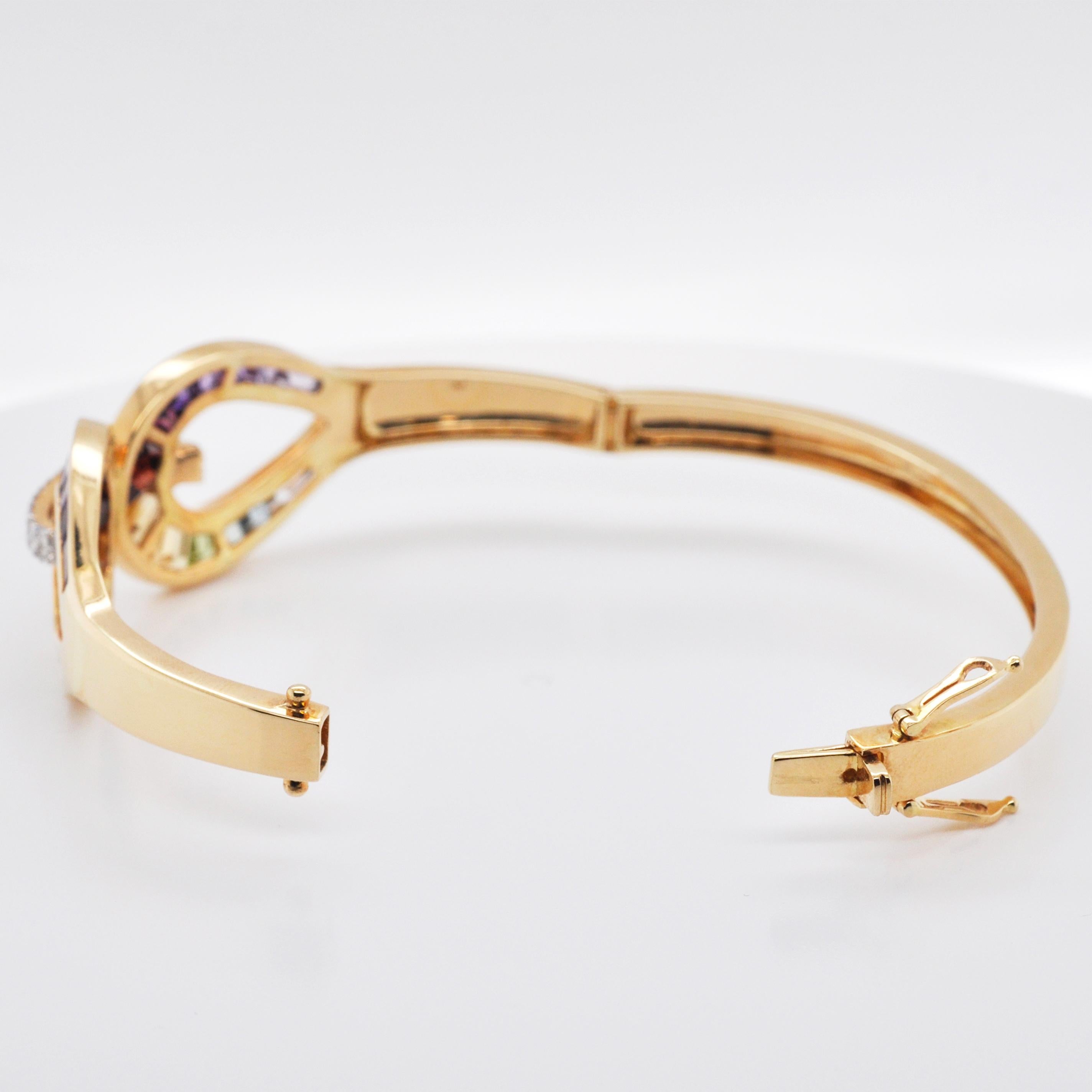 18 Karat Gold Channel Set Rainbow Multi-Color Taper Baguette Diamond Bracelet For Sale 4