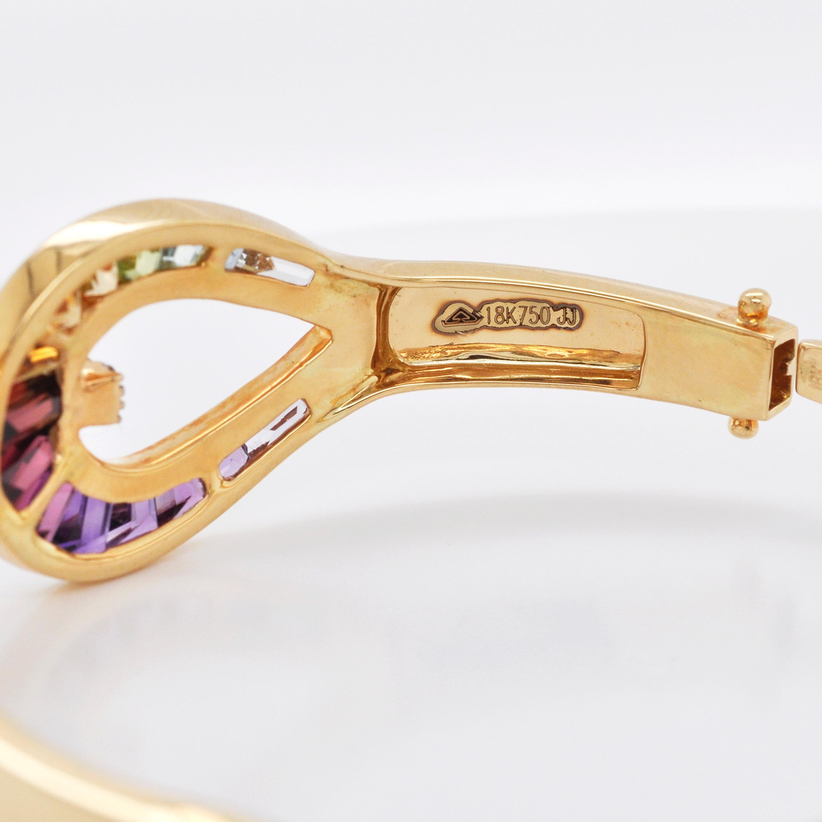 18 Karat Gold Channel Set Rainbow Multi-Color Taper Baguette Diamond Bracelet For Sale 5