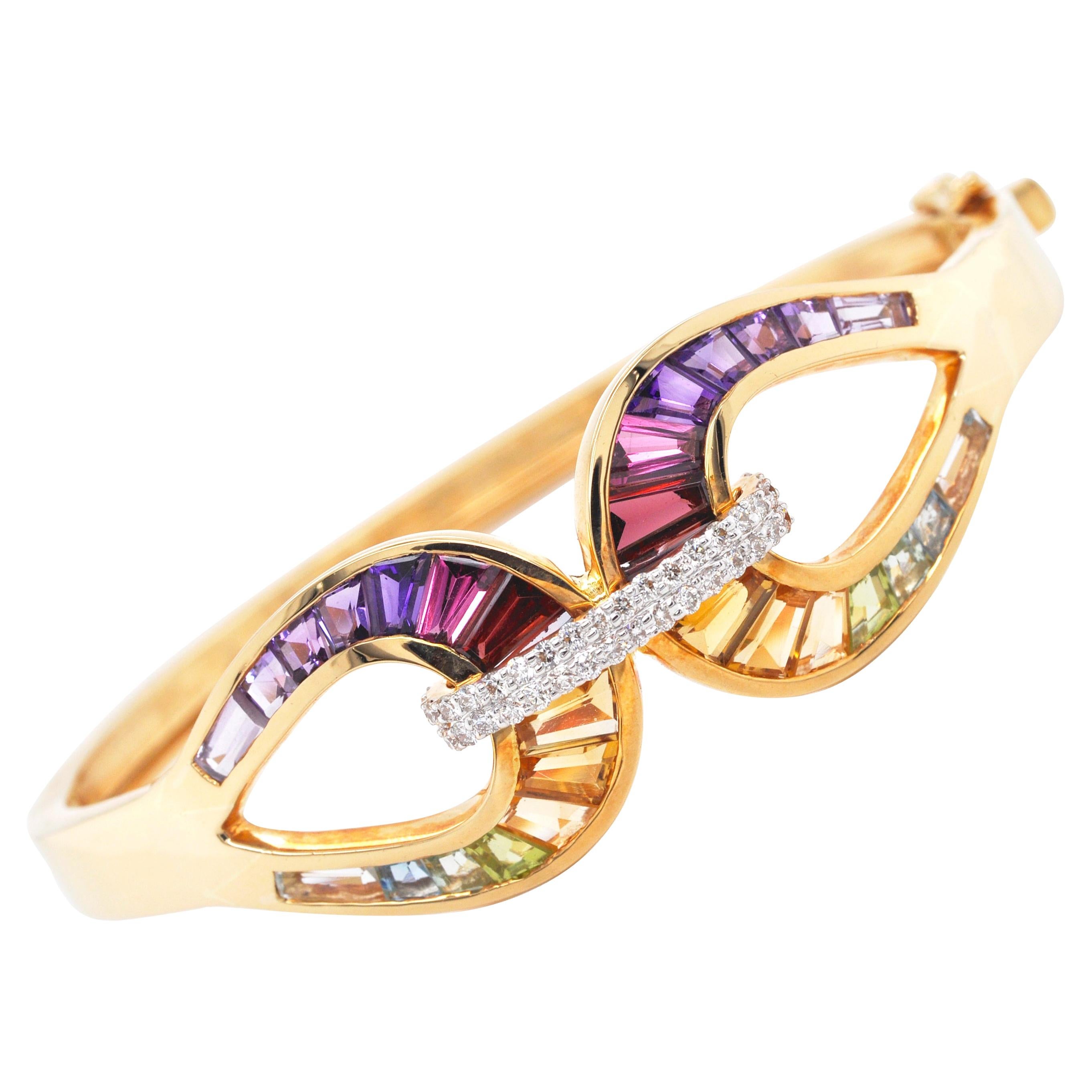 18 Karat Gold Channel Set Rainbow Multi-Color Taper Baguette Diamond Bracelet For Sale