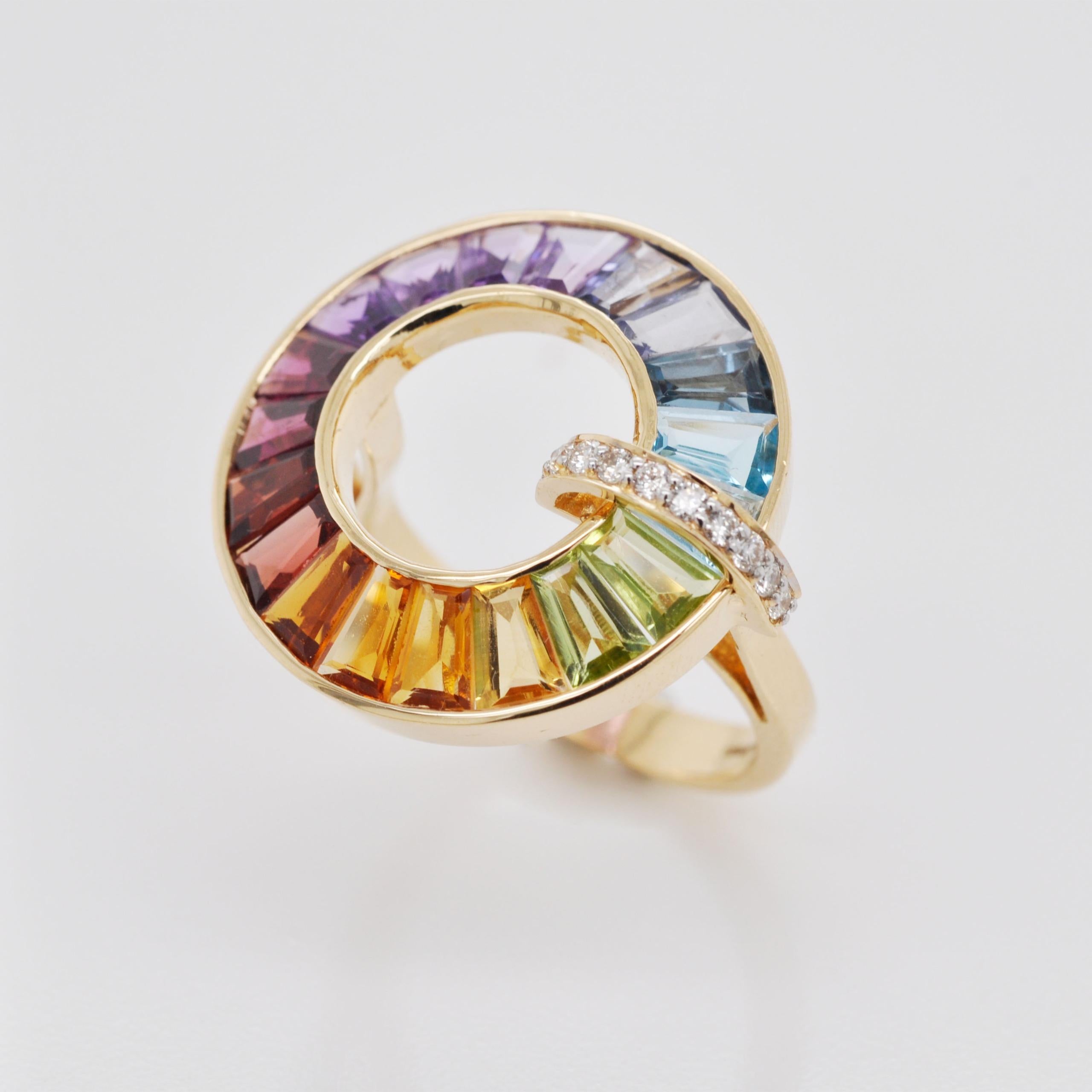 For Sale:  18K Gold Handcrafted Channel-Set Rainbow Gemstones Diamond Art Deco Circle Ring 10
