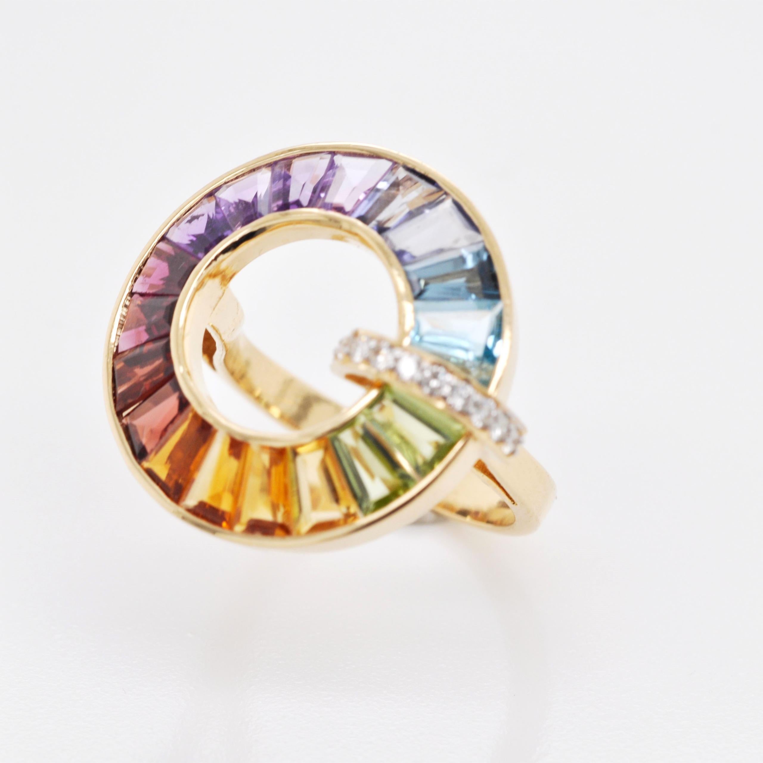 For Sale:  18K Gold Handcrafted Channel-Set Rainbow Gemstones Diamond Art Deco Circle Ring 11
