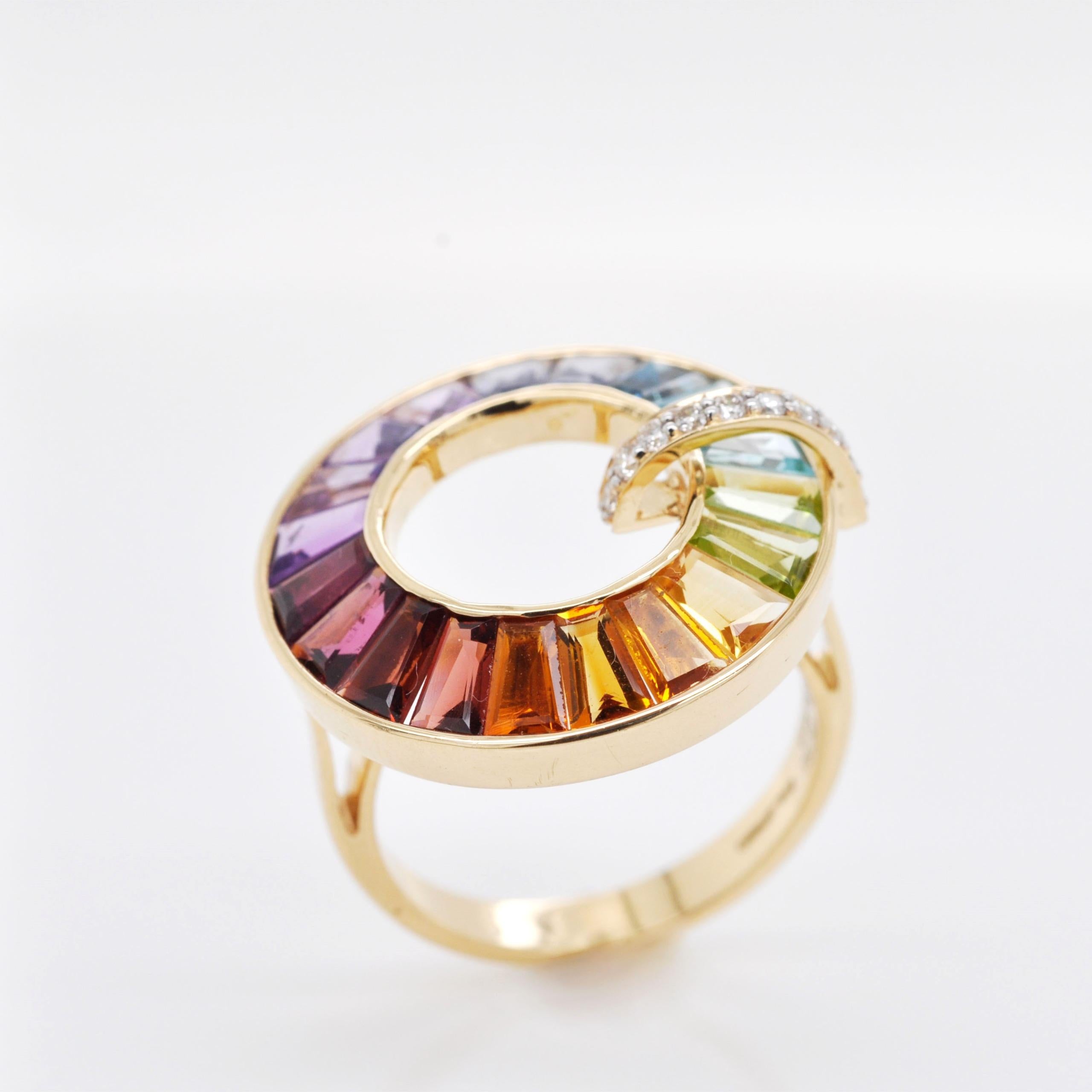 For Sale:  18K Gold Handcrafted Channel-Set Rainbow Gemstones Diamond Art Deco Circle Ring 12