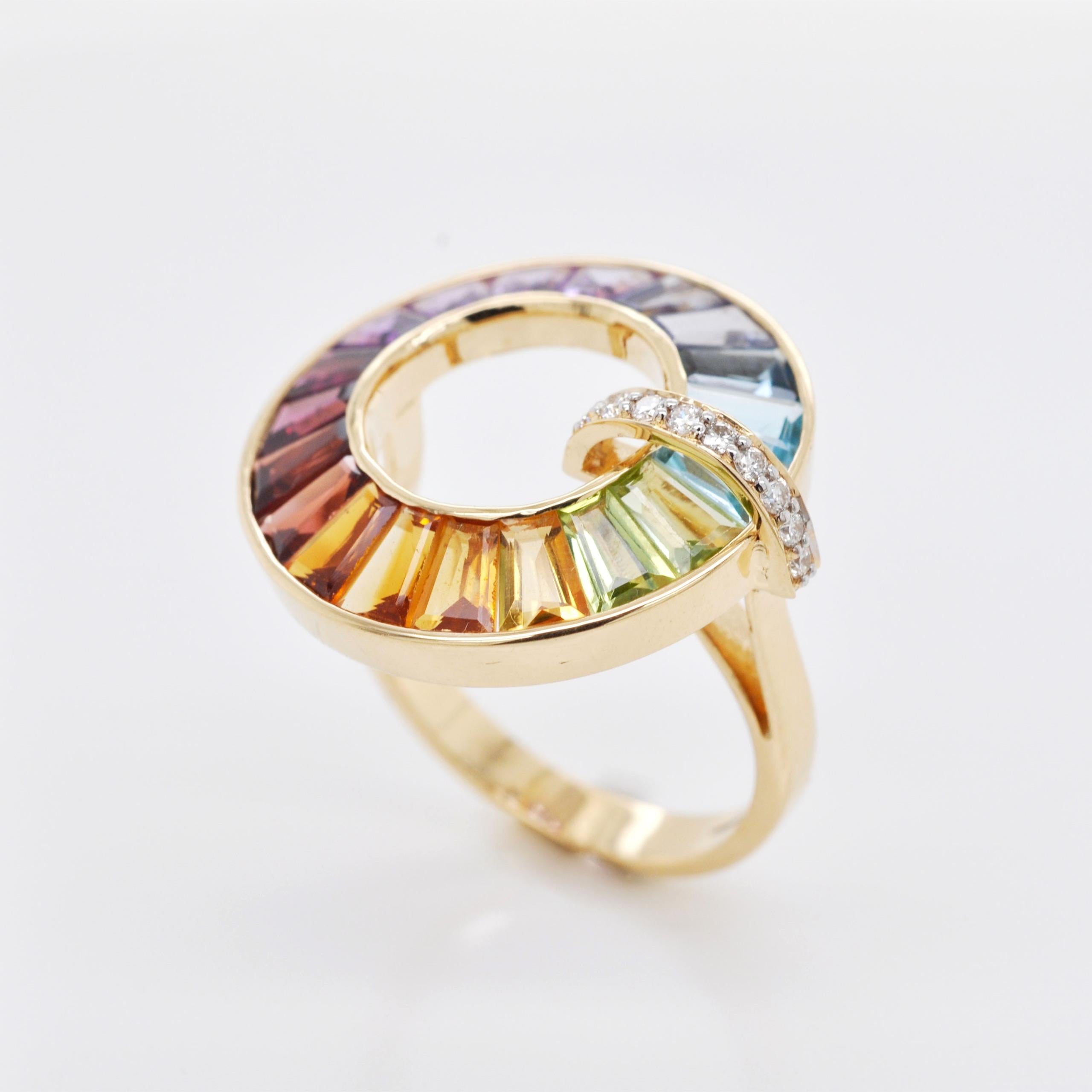 For Sale:  18K Gold Handcrafted Channel-Set Rainbow Gemstones Diamond Art Deco Circle Ring 13