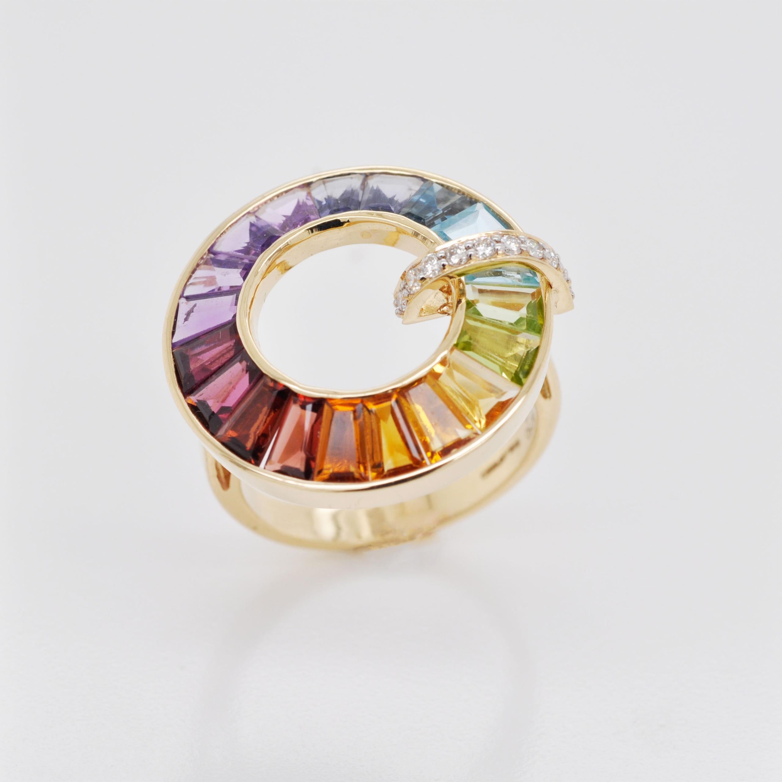 For Sale:  18K Gold Handcrafted Channel-Set Rainbow Gemstones Diamond Art Deco Circle Ring 14