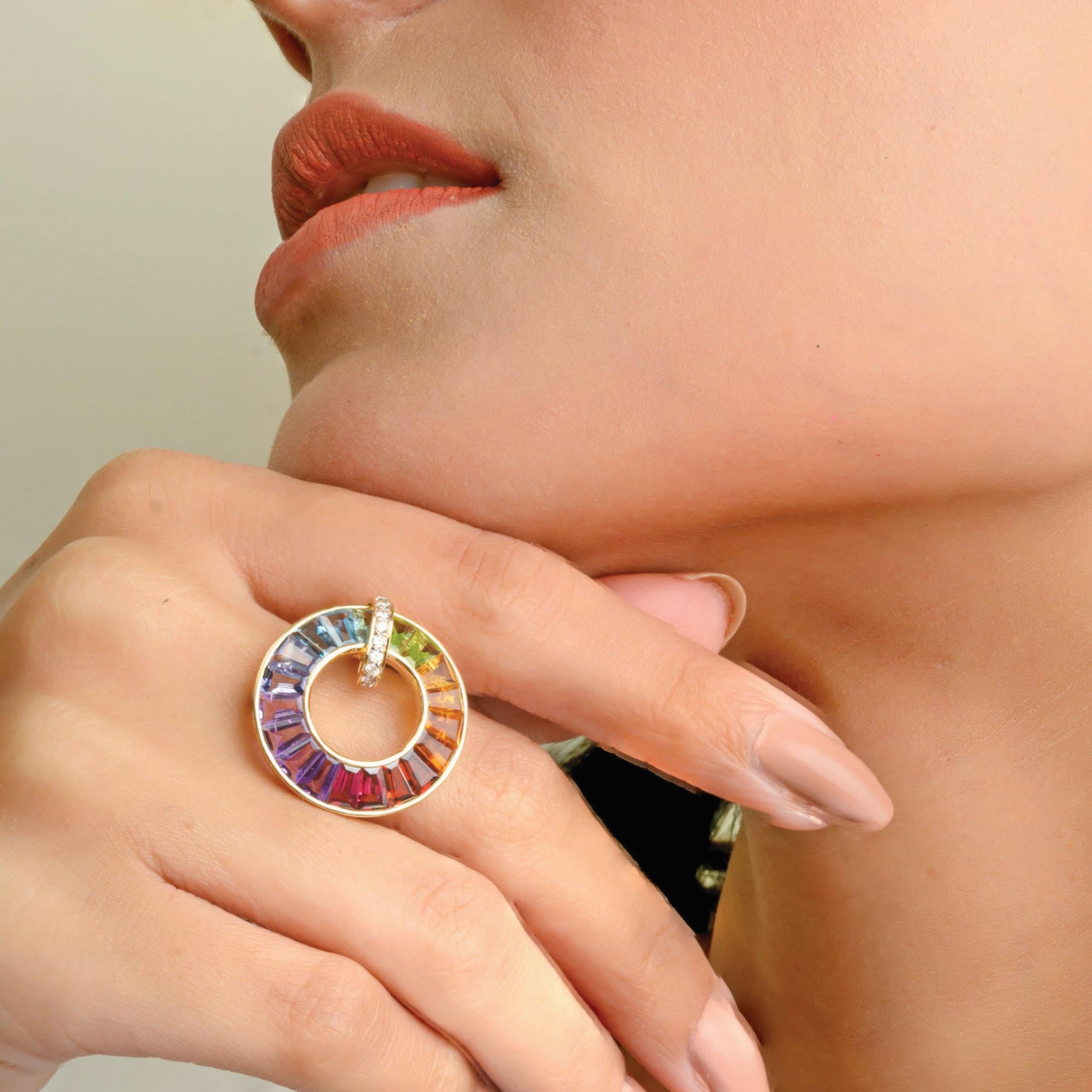 For Sale:  18K Gold Handcrafted Channel-Set Rainbow Gemstones Diamond Art Deco Circle Ring 4